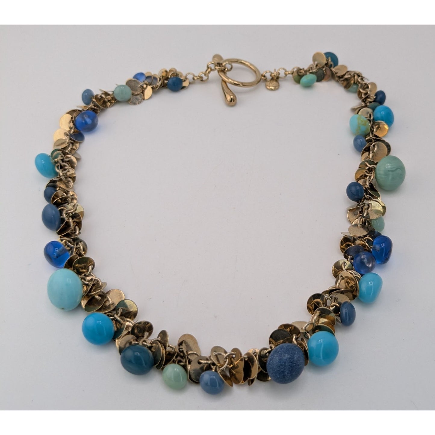 Vintage Liz Claiborne Blue Charm Necklace Gold Tone Beaded Statement Bib Necklace
