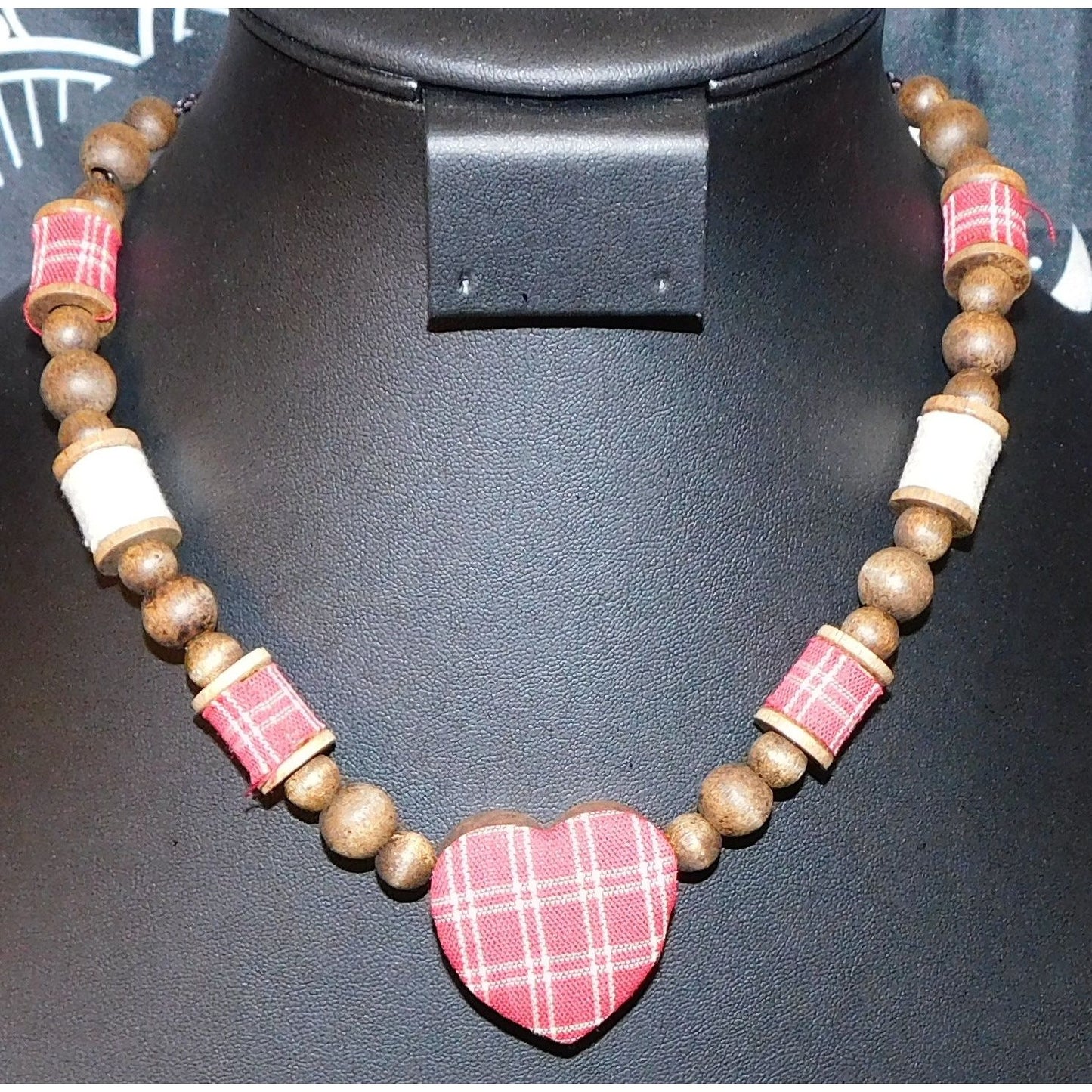 Rustic Plaid Heart Handmade Beaded Necklace