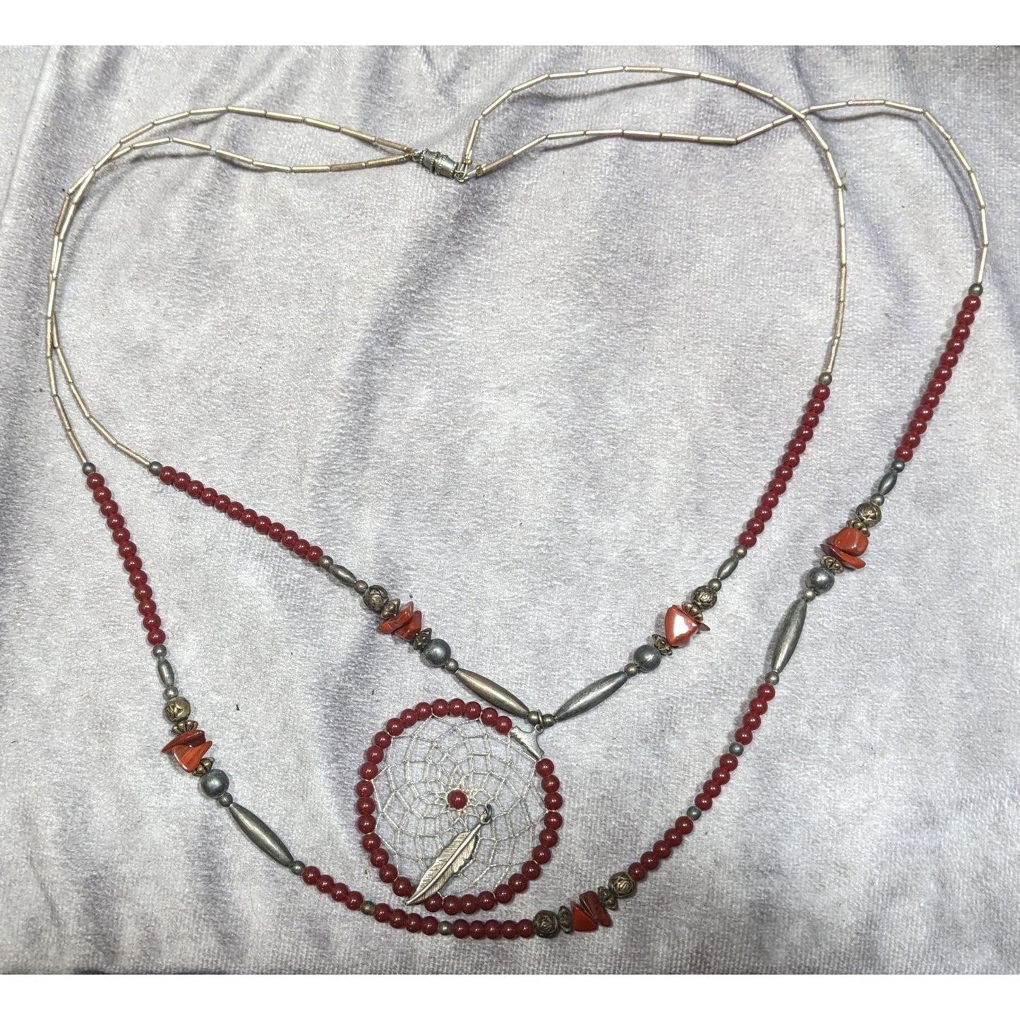 Vintage Handmade Native Dreamcatcher Necklace With Liquid Silver Jasper And Glass