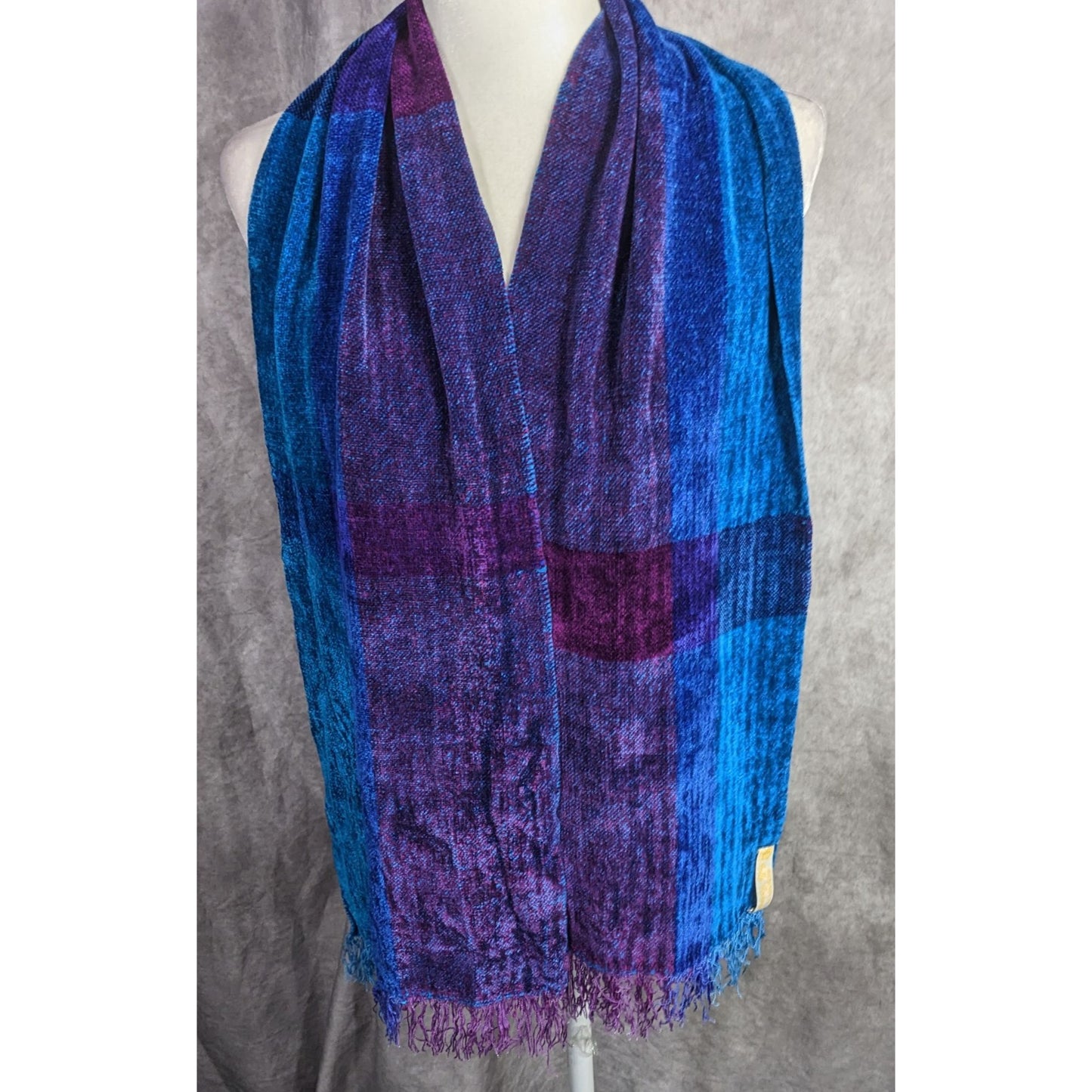 Cozy Ombre Handwoven By Polly Connell Blue & Purple Chenille Scarf With Fringe
