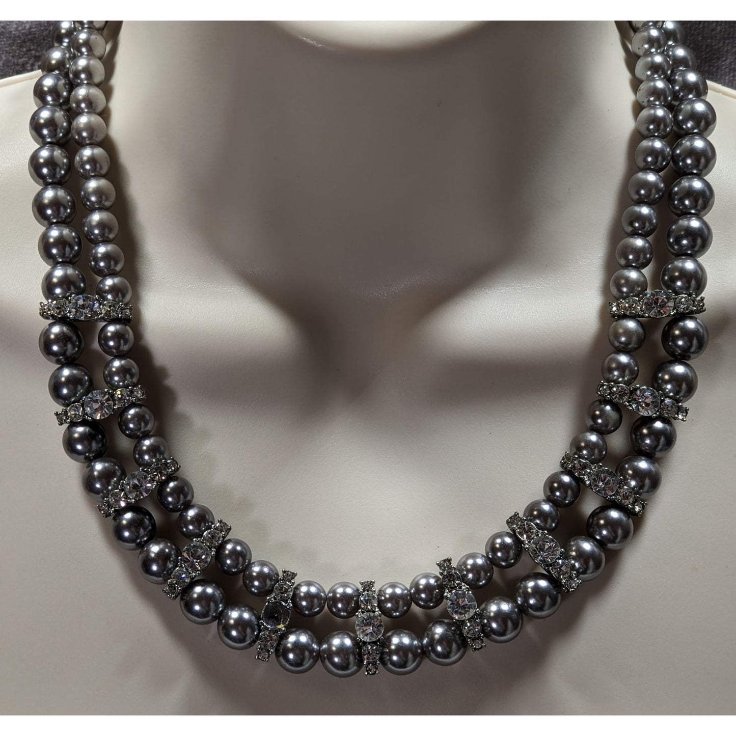 Vintage Glam Faux Pearl Double Strand Necklace With Rhinestone Accents