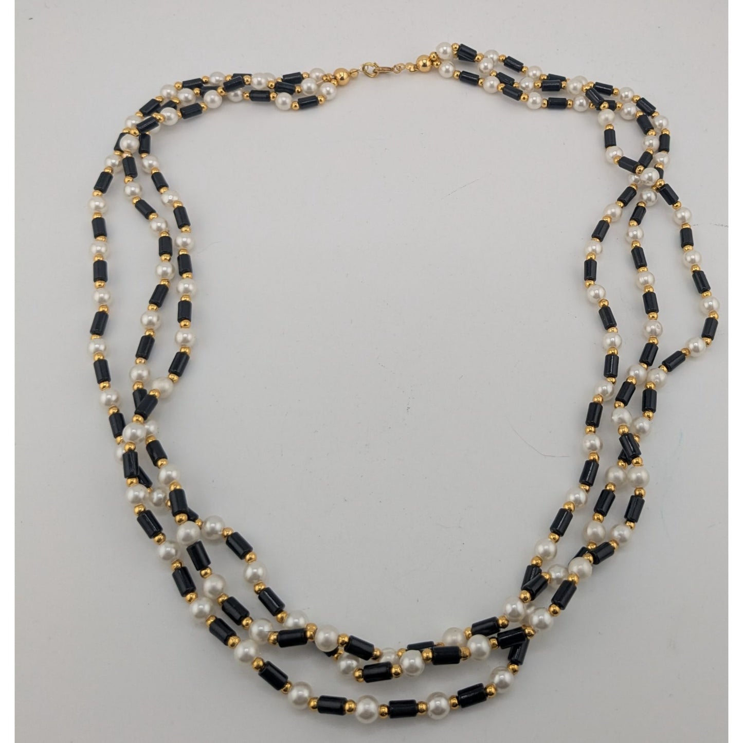 Vintage Multi-Strand Faux Pearl & Black Bead Necklace