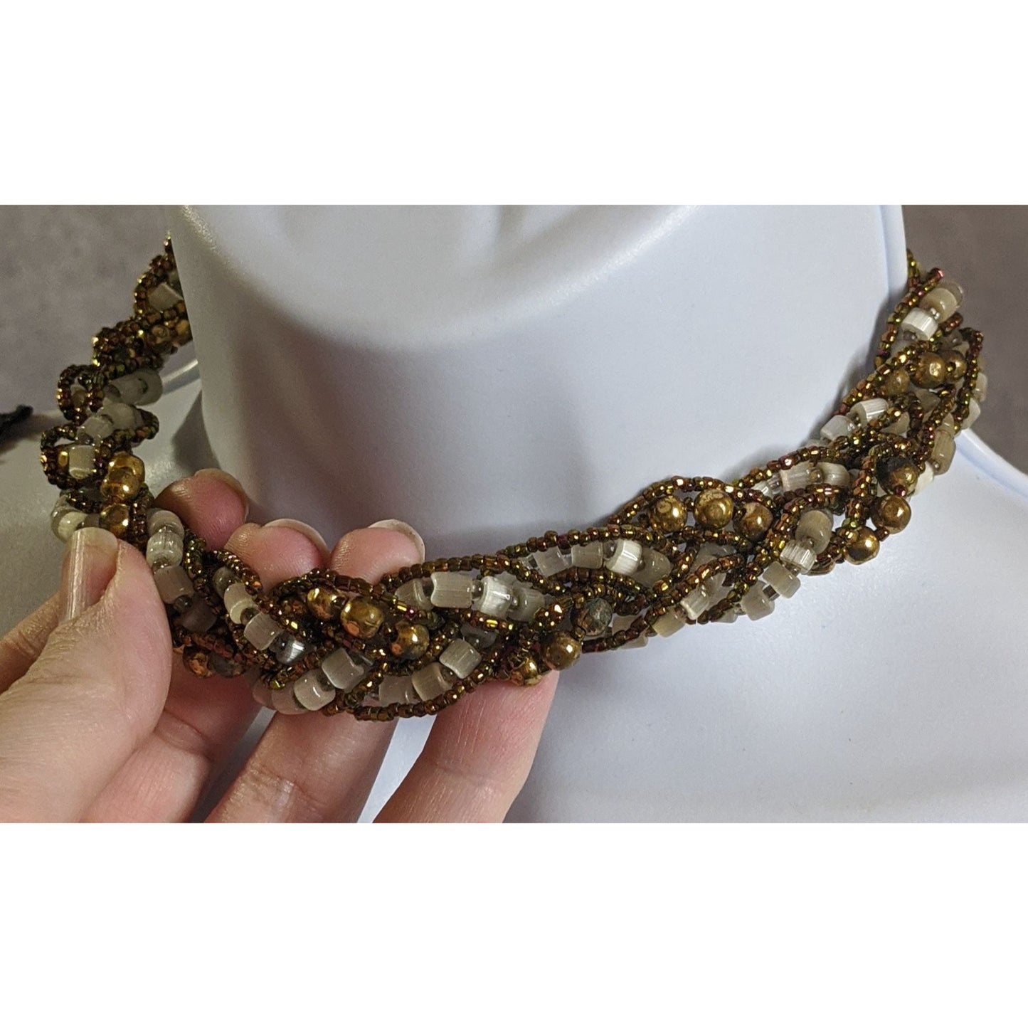 Vintage Beaded Choker Necklace With Earth And Gold Tone Accents