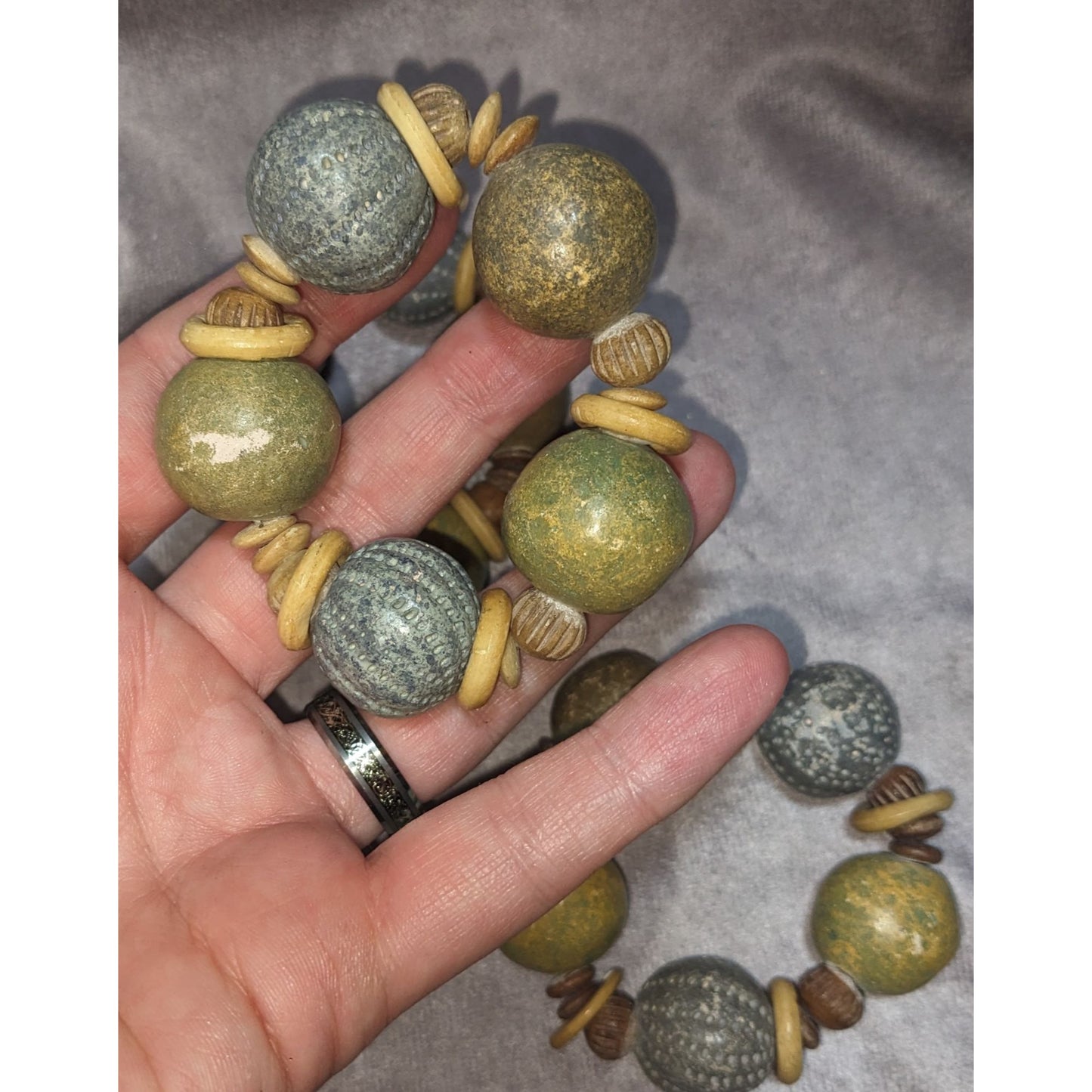 Rustic Wooden & Ceramic Beaded Napkin Rings Earthy Green & Beige Set Of 3