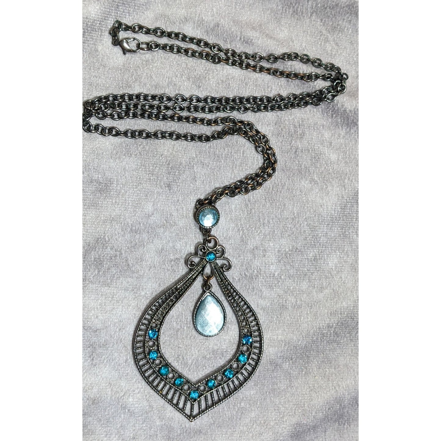 Bohemian Teardrop Blue Gemmed Silver Tone Pendant Necklace
