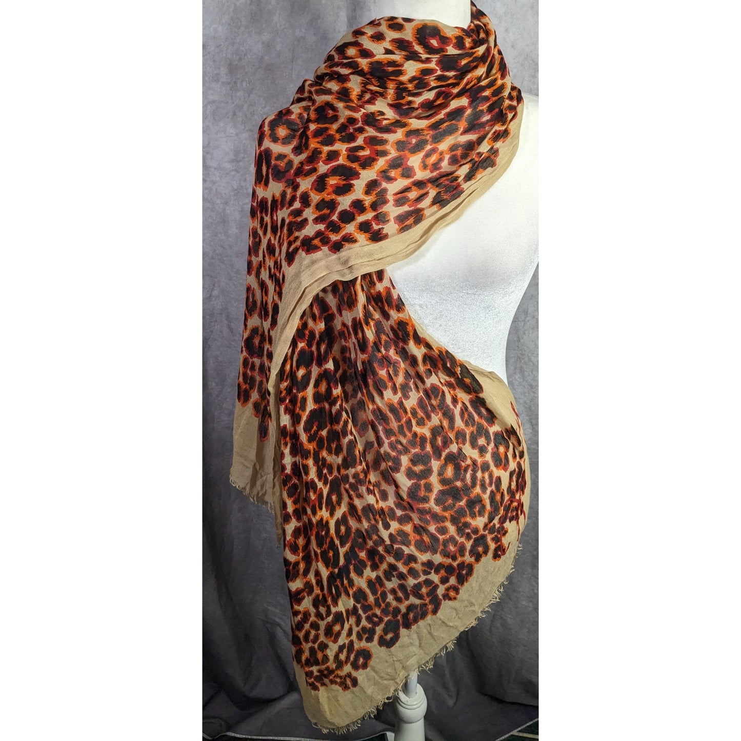 Juicy Couture Leopard Print Lightweight Scarf 33x79 Inches Beige & Orange Wrap Shawl
