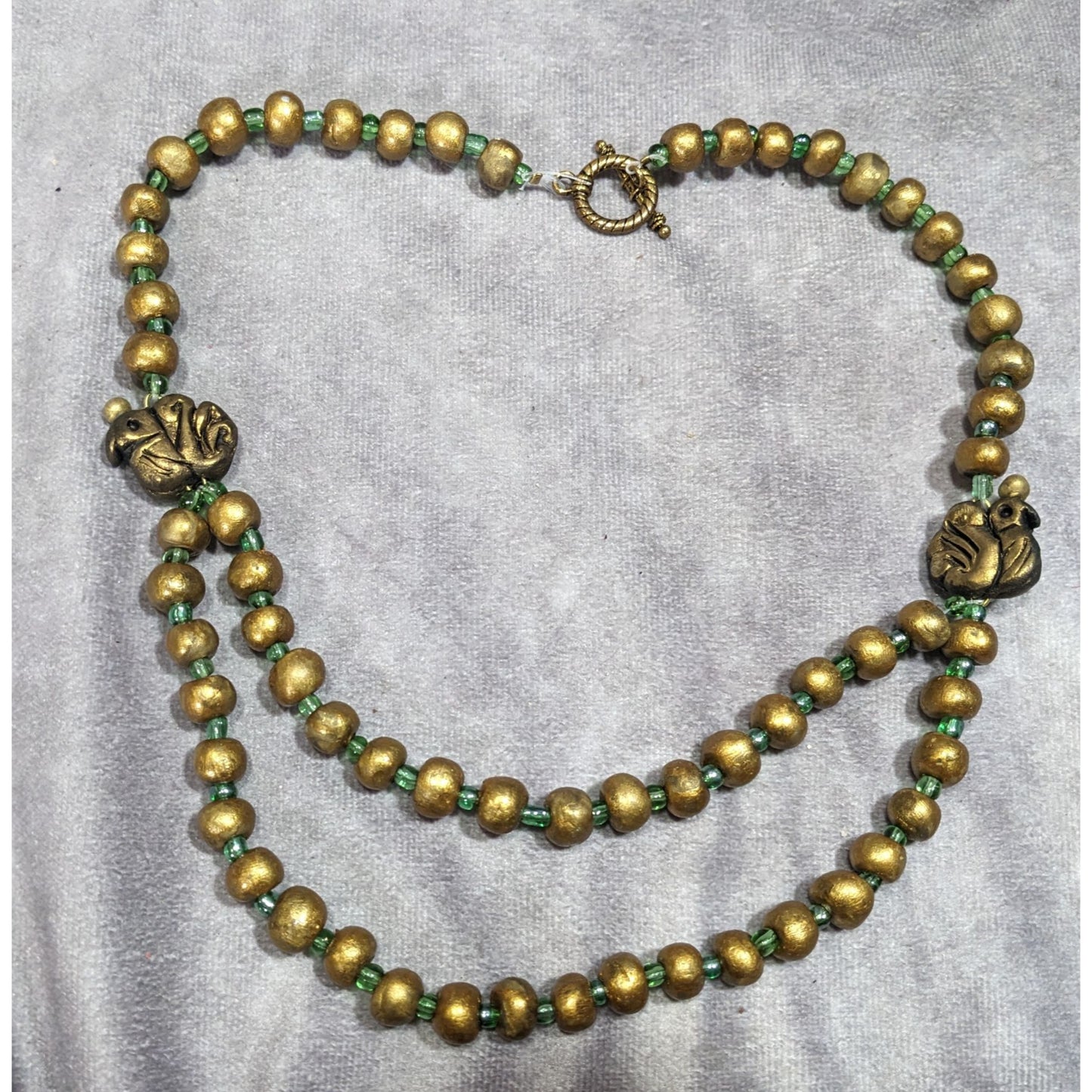 Handmade Polymer Clay Beaded Gold Tone And Green Necklace With Bird Accents