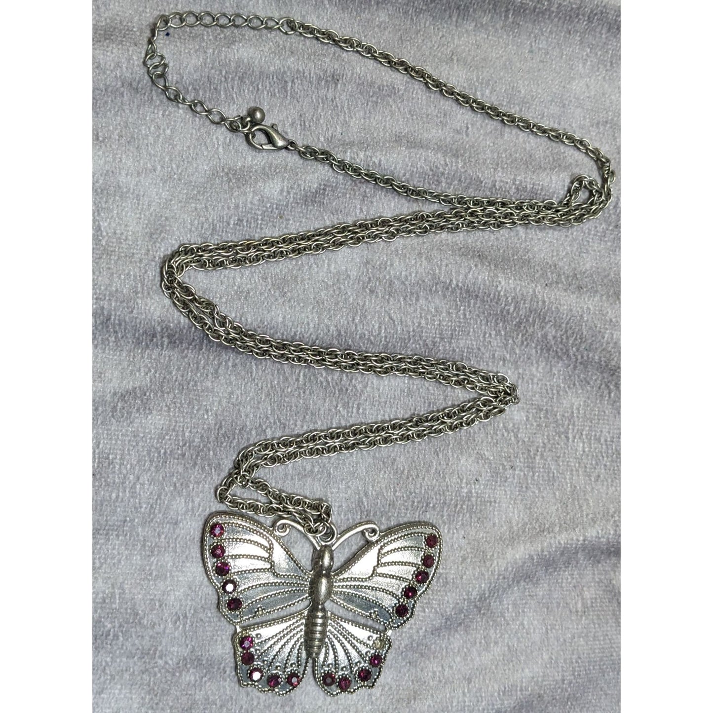 Fairycore Silver-Tone Butterfly Pendant Necklace With Purple Gem Accents