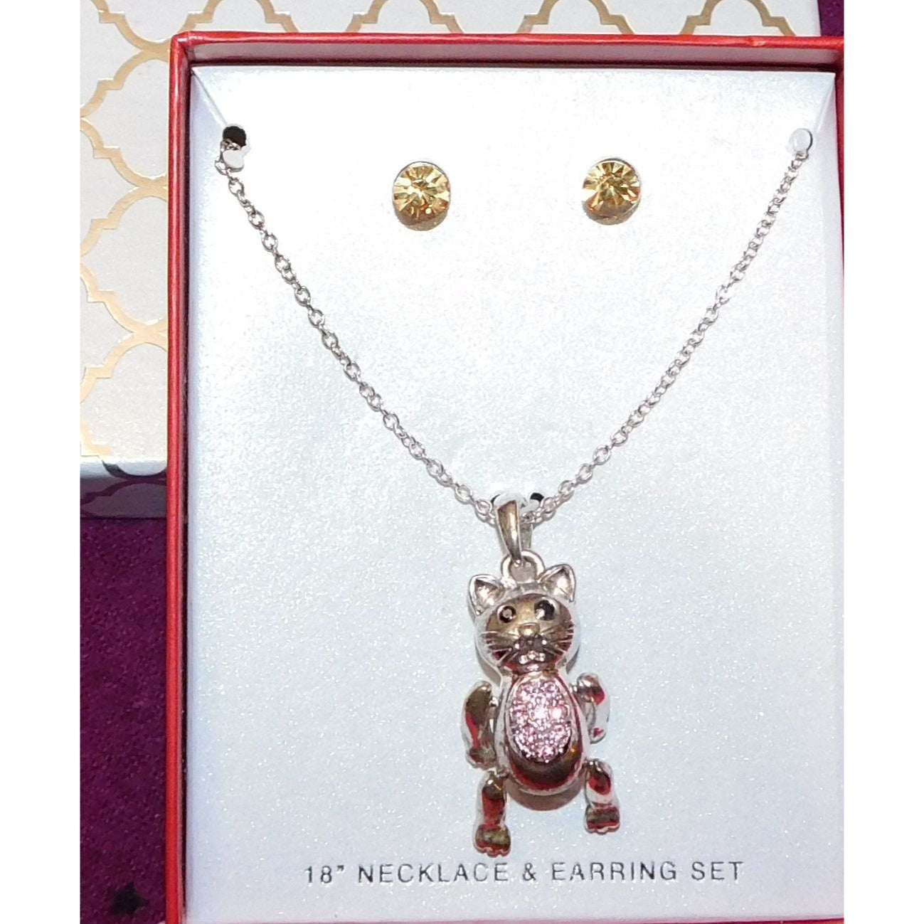 Articulated Cat Necklace And Earring Set