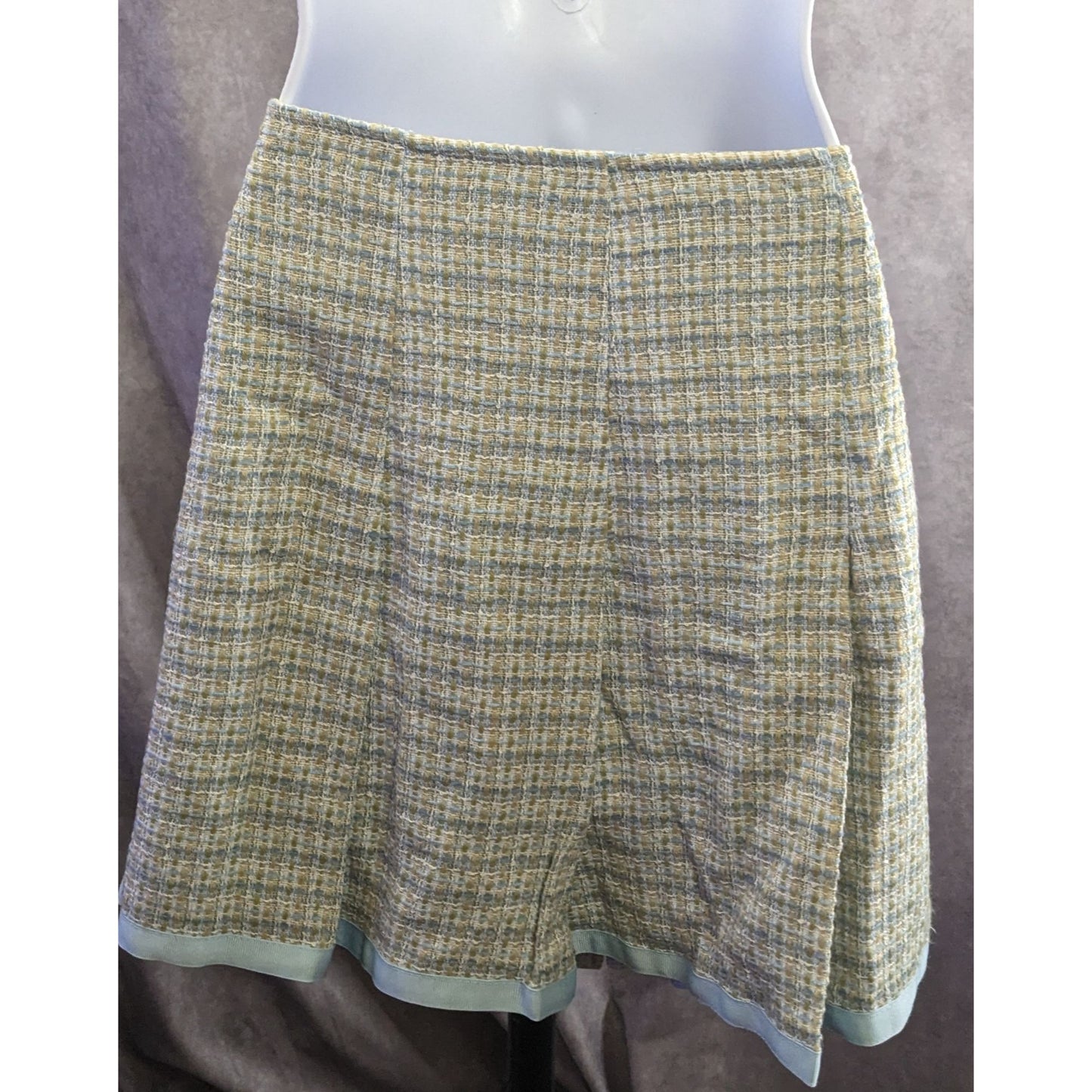 Preppy Identity By Lord & Taylor Womens Tweed Skirt Yellow & Blue Plaid With Button Accents Acrylic Made In USA