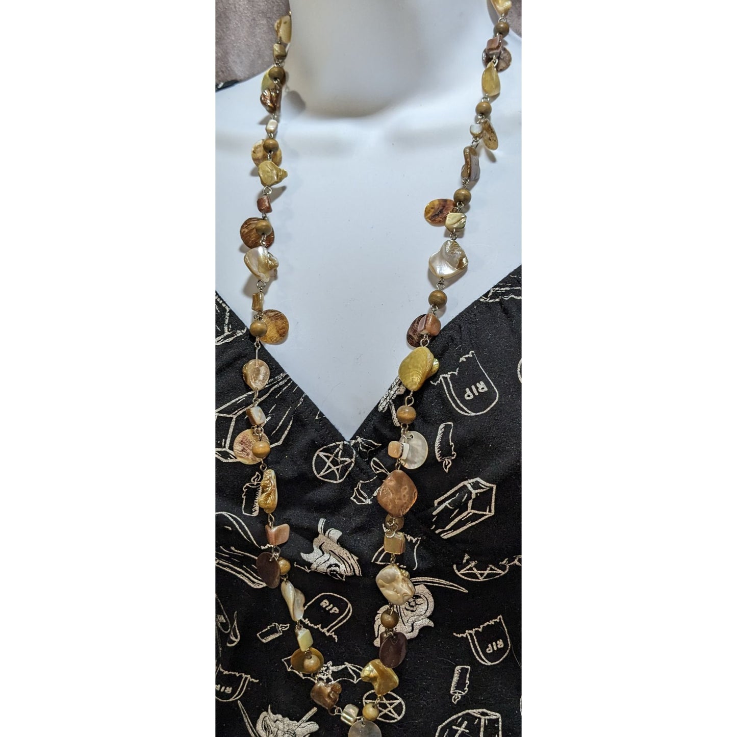 NY Collection Shell Pearl Beaded Necklace Long Boho Coastal Earthy Statement Jewelry