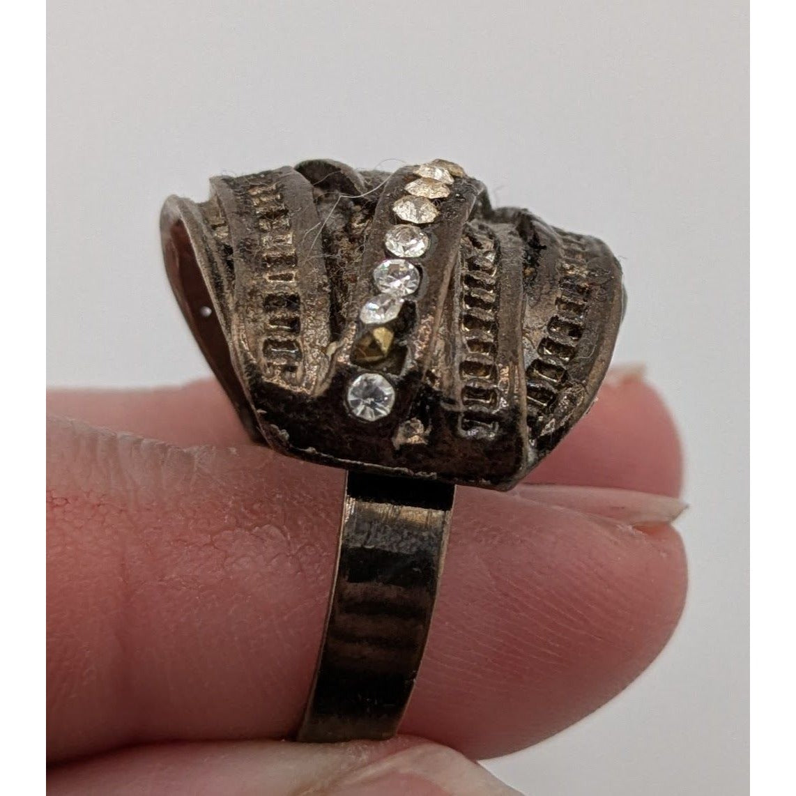 Goth Brutalist Rhinestone Crossover Ring Antiqued Silver Tone Industrial Statement
