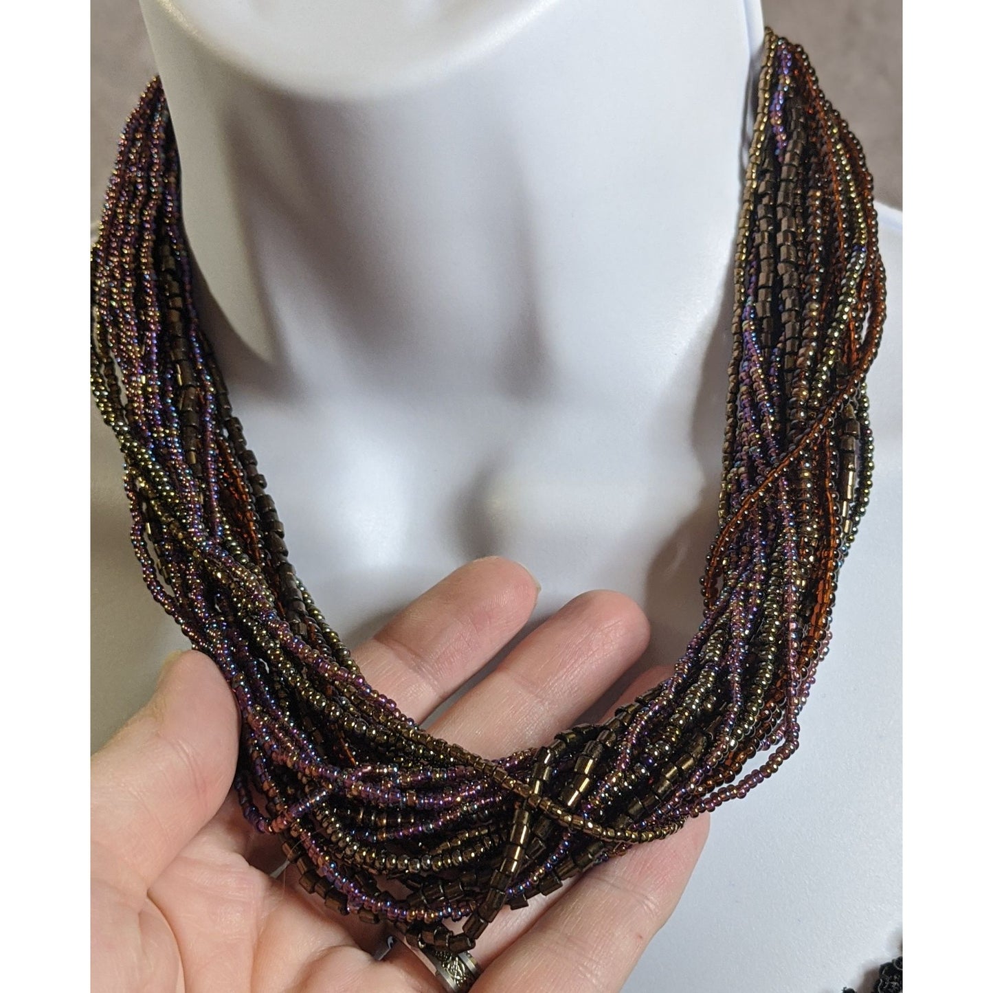 Earthy Multicolor Oil Slick Glass Beaded Necklace Layered Strand Design