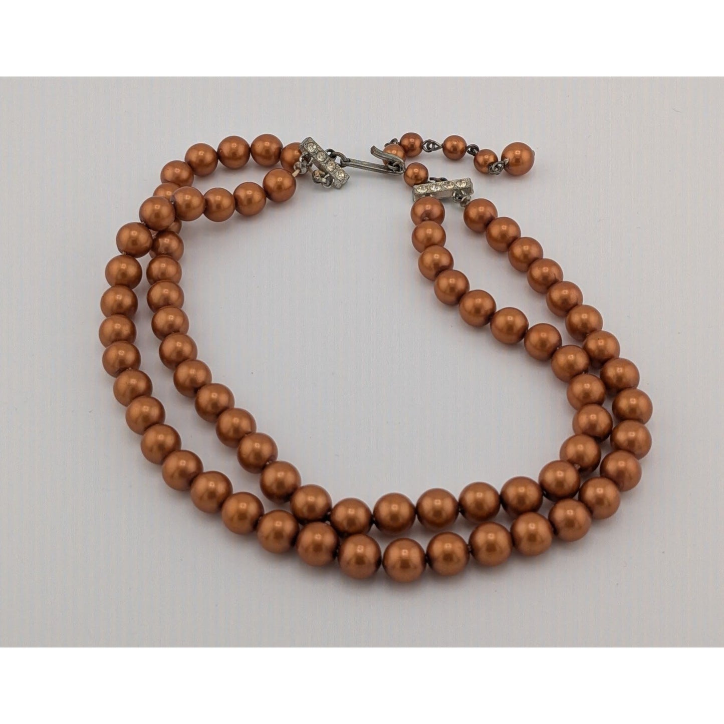 Vintage Glam Copper Tone Dual Strand Faux Pearl Beaded Necklace