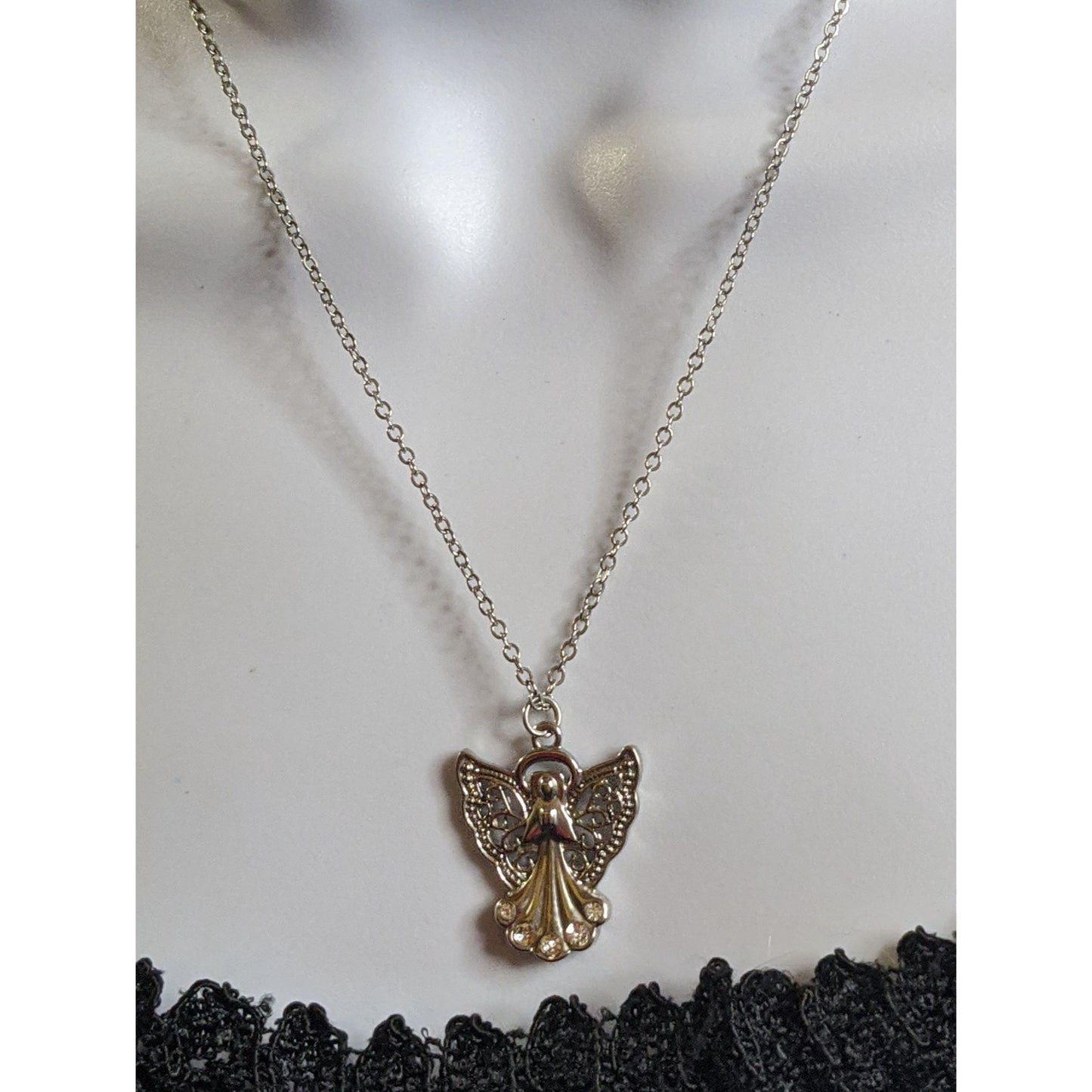 Religious Angel Pendant Necklace Silver Tone With Rhinestones