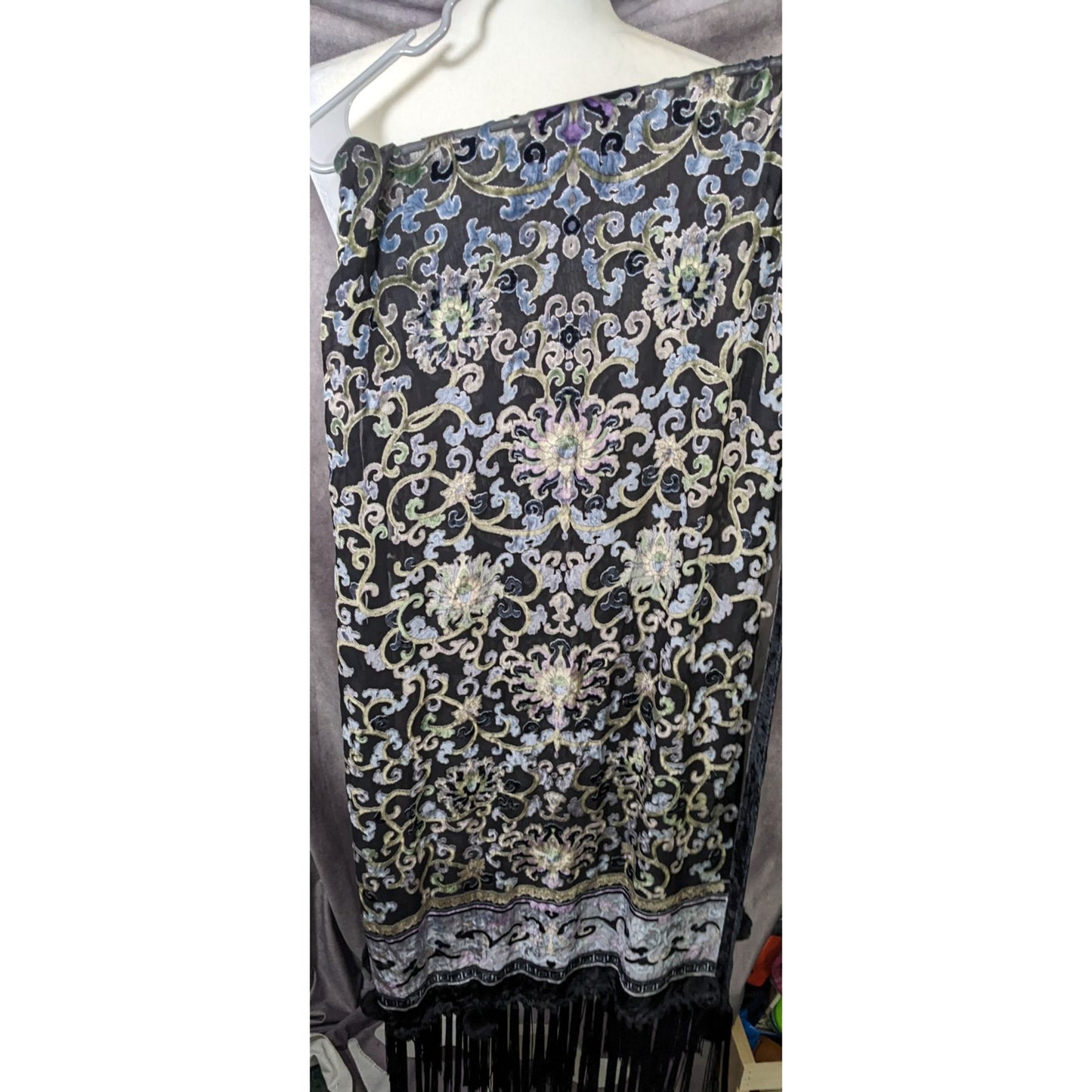 Vintage Fantasy Black And Pastel Velvet Burnout Scarf With Fringe And Pompoms