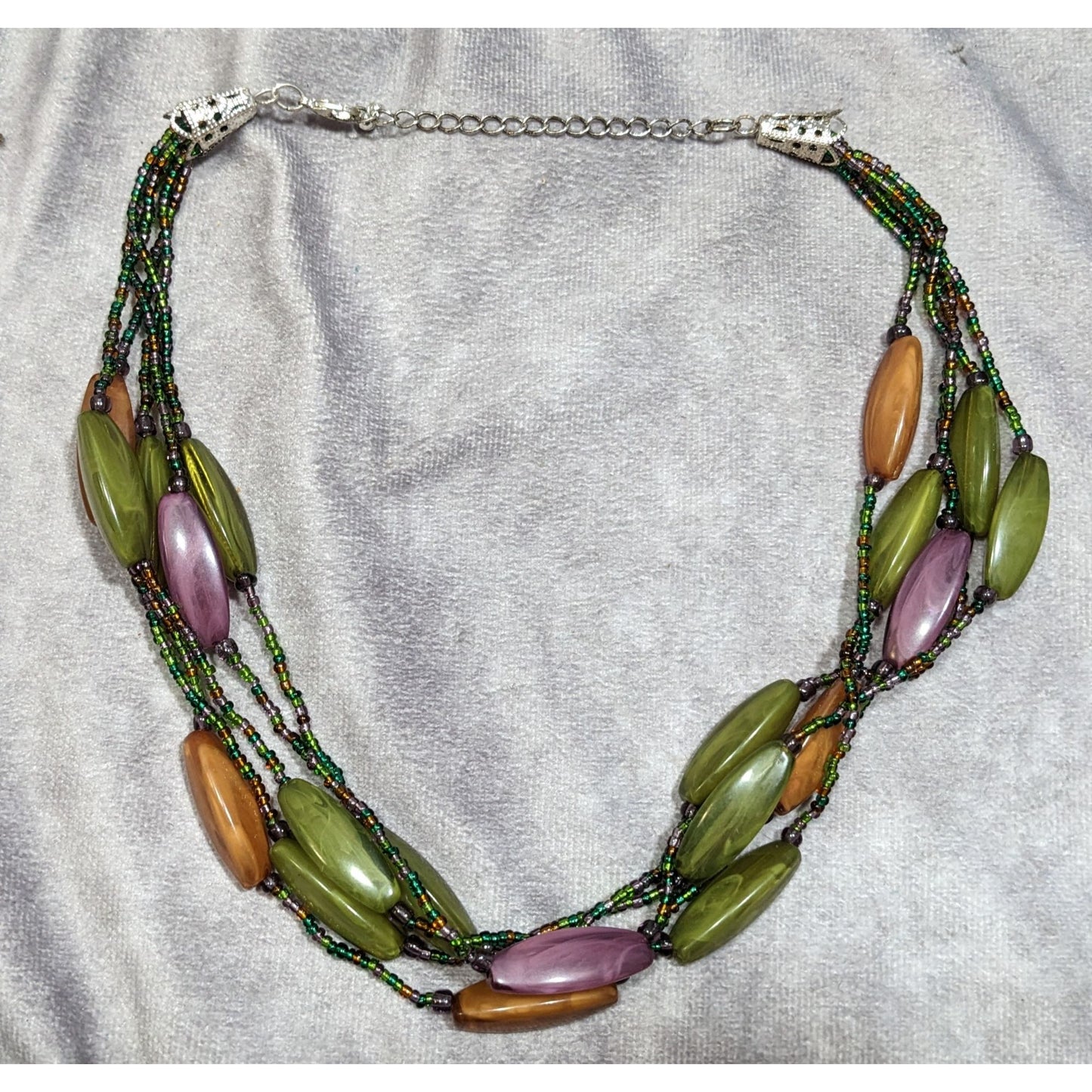 Vintage Retro Lucite And Glass Green Purple And Orange Beaded Necklace