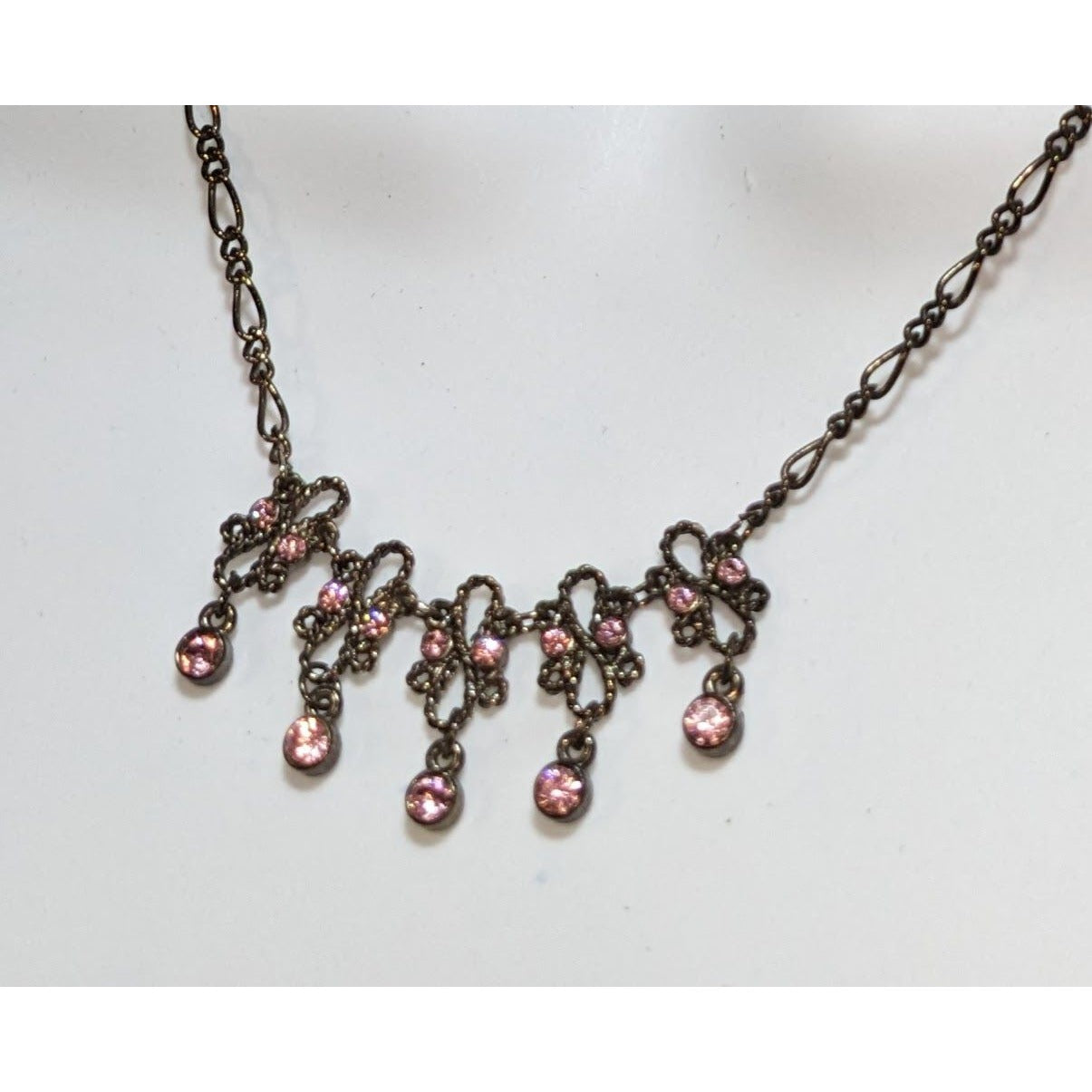 Pink Rhinestone Necklace Vintage Inspired Gunmetal Floral Dainty Statement Jewelry