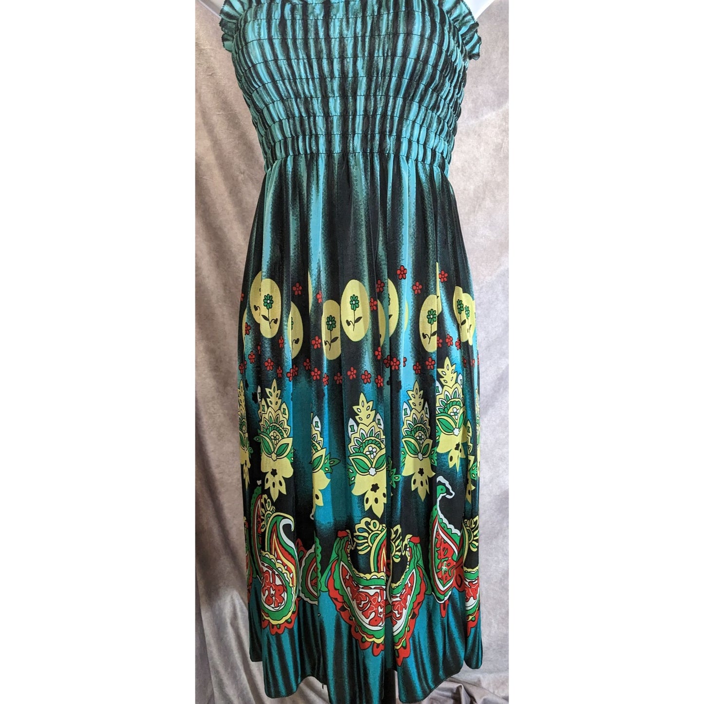 Paisley Floral Ruched Summer Dress Blue Yellow Boho Beach