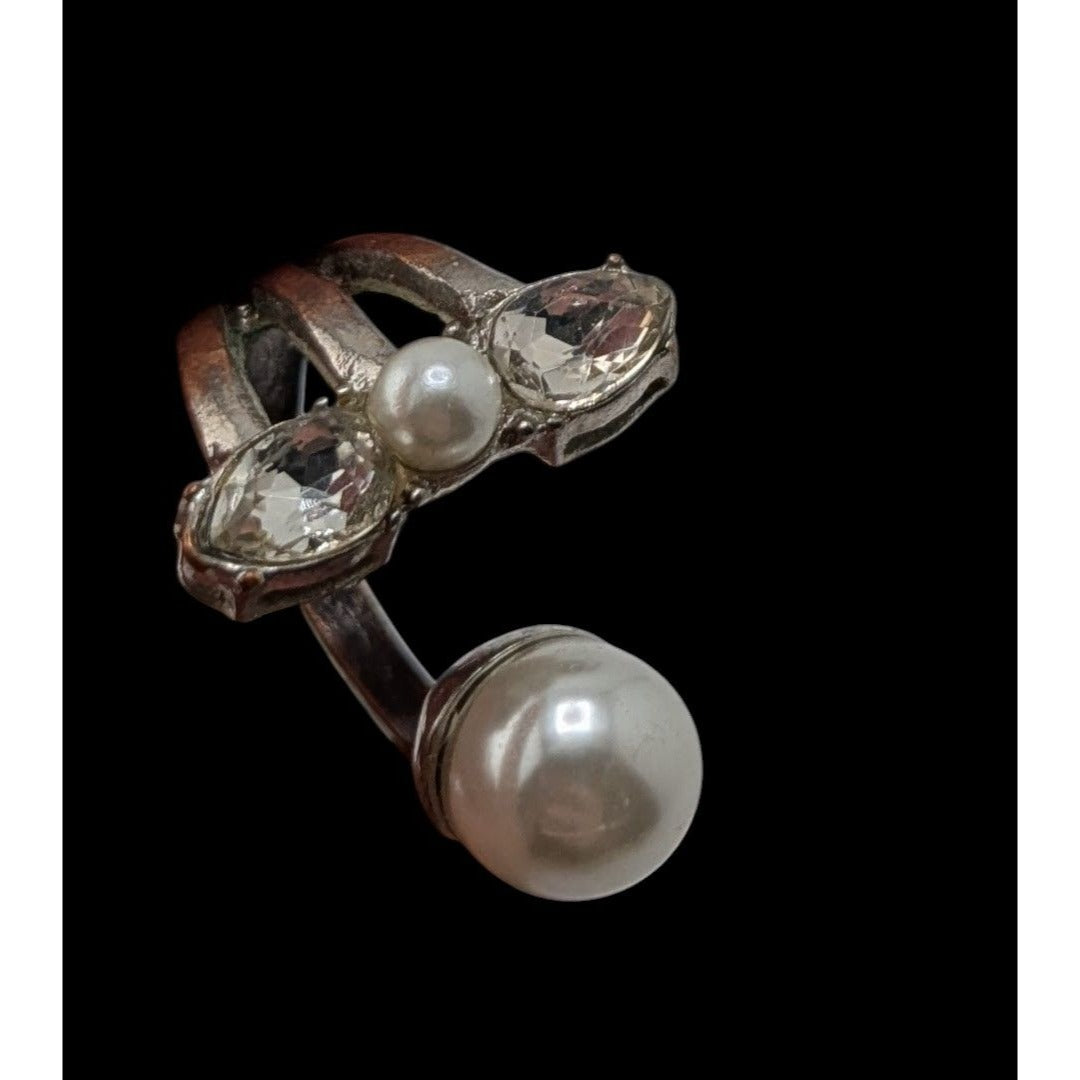 Pearl Rhinestone Open Ring Silver Tone Adjustable Statement Ring Coquette Romantic Glam Jewelry
