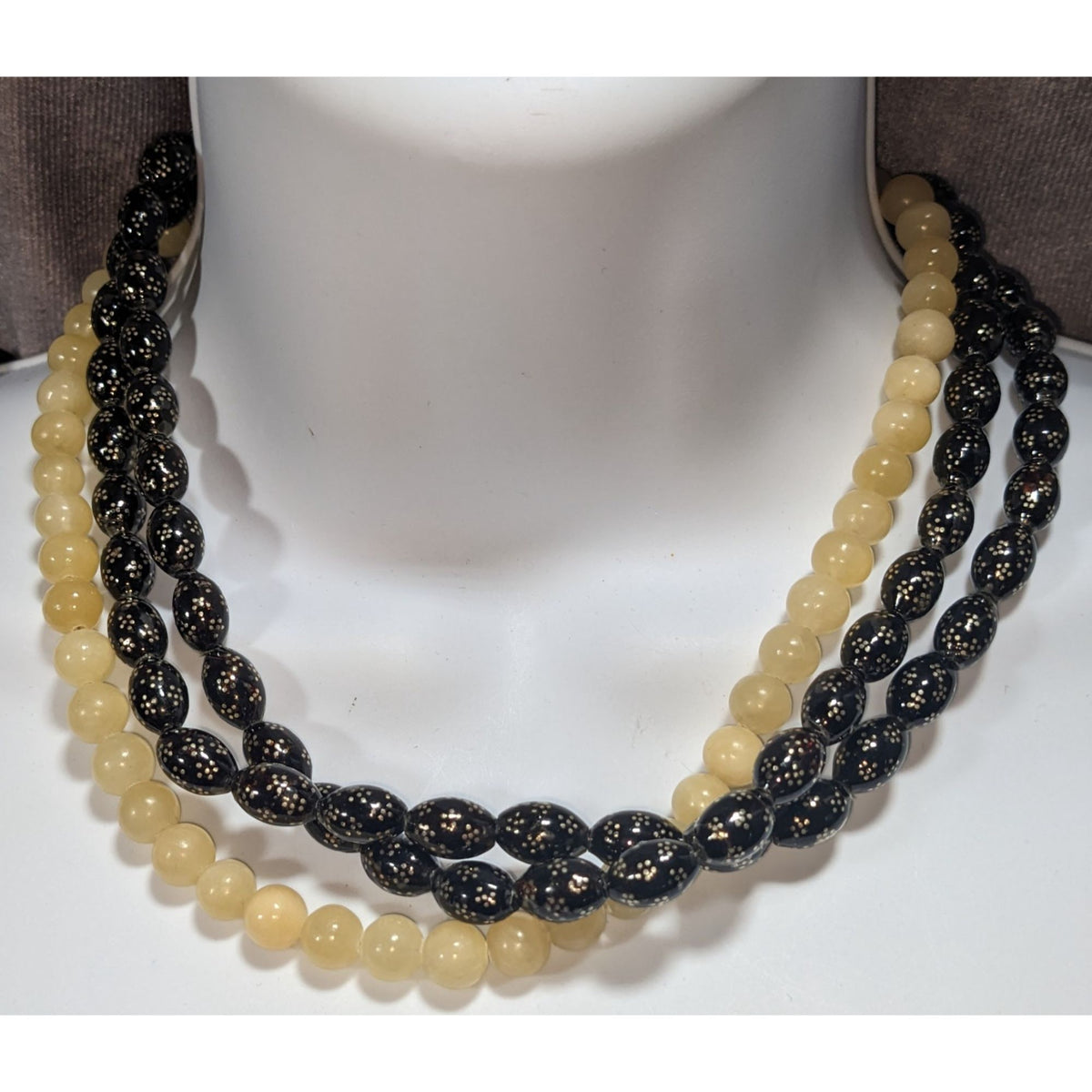Jay King Vintage Boho Black Floral Bead Yellow Stone Necklace Sterling Silver