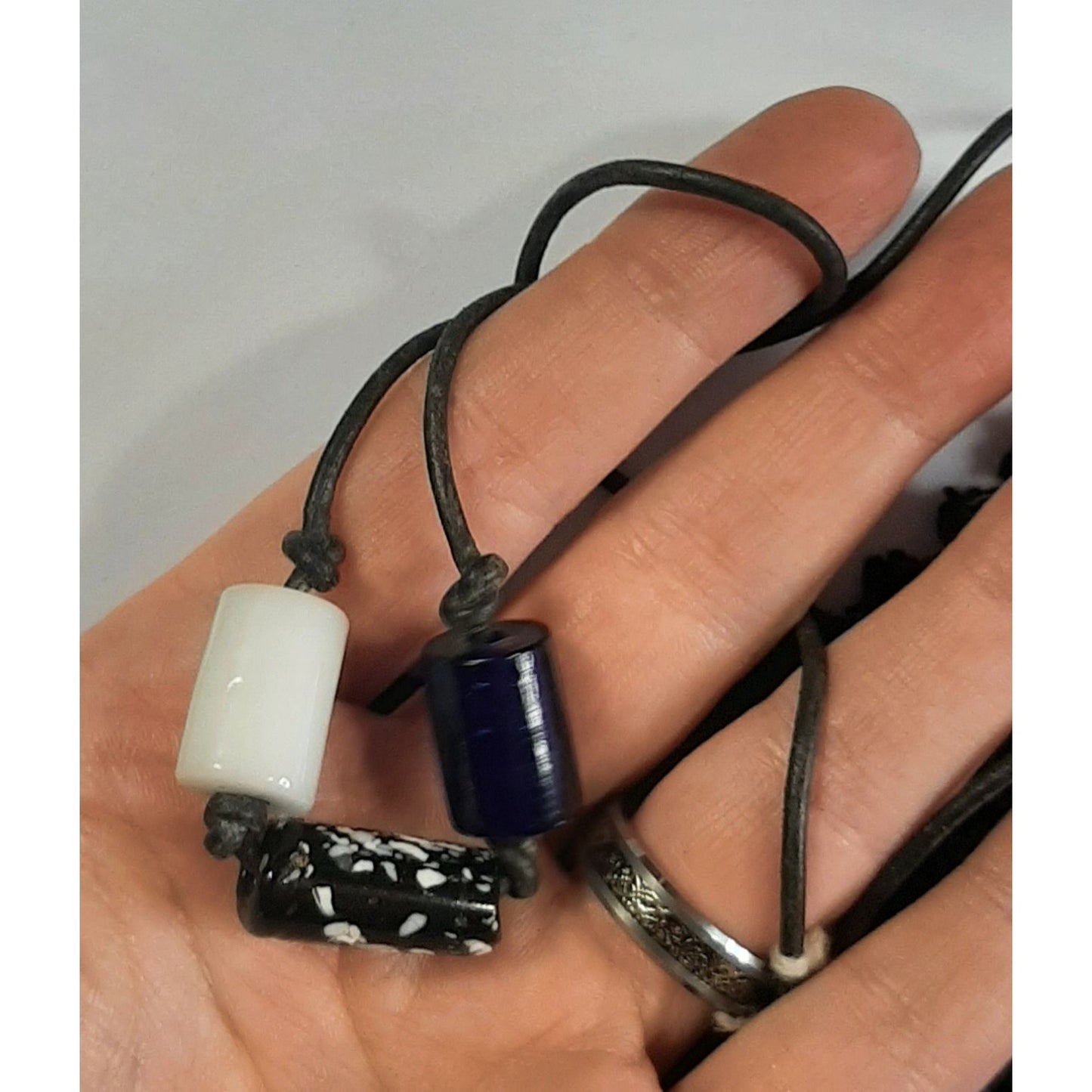 Handmade Chunky Black And White Beaded Necklace On Black Cord