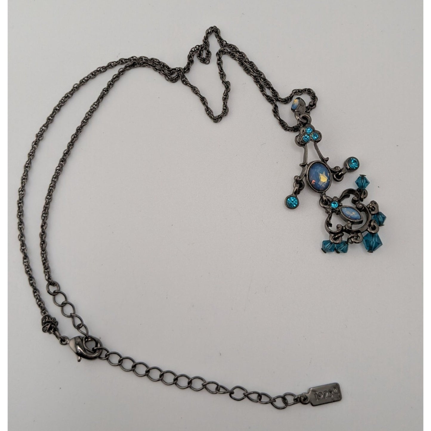 1928 Blue Chandelier Pendant Necklace Gunmetal Victorian Revival Fantasy Jewelry