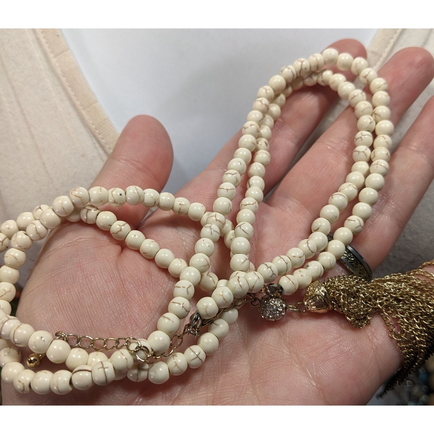 Boho Chic Howlite Beaded Necklace With Gold Tone Tassel And Rhinestone Accents