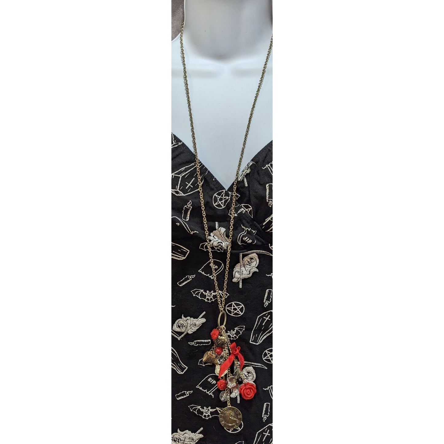 Vintage Claires Alice-Inspired Charm Necklace With Red & Gold Accents