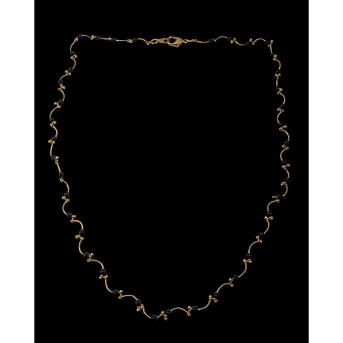 Goth Black Bead Gold Tone Wavy Station Necklace Minimalist Vintage Style