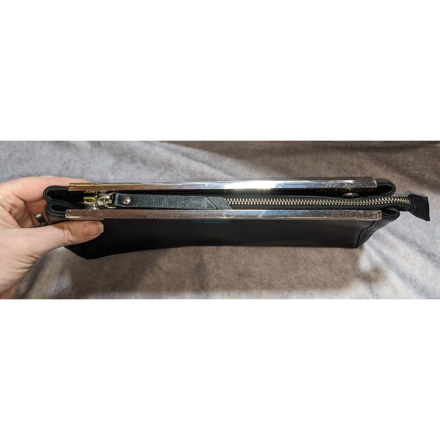 Gianni Conti Black Leather Clutch Purse With Silver Accent Bar & Detachable Strap