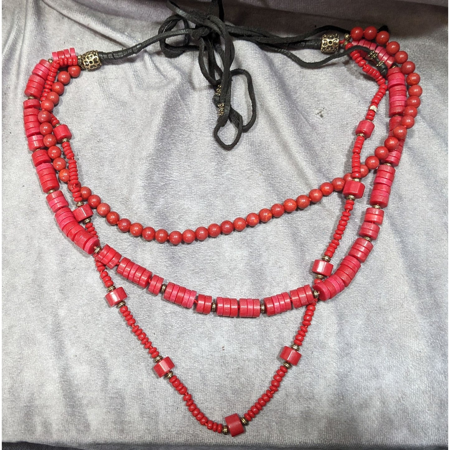 Vintage Red Stone And Glass Layered Tie-On Necklace