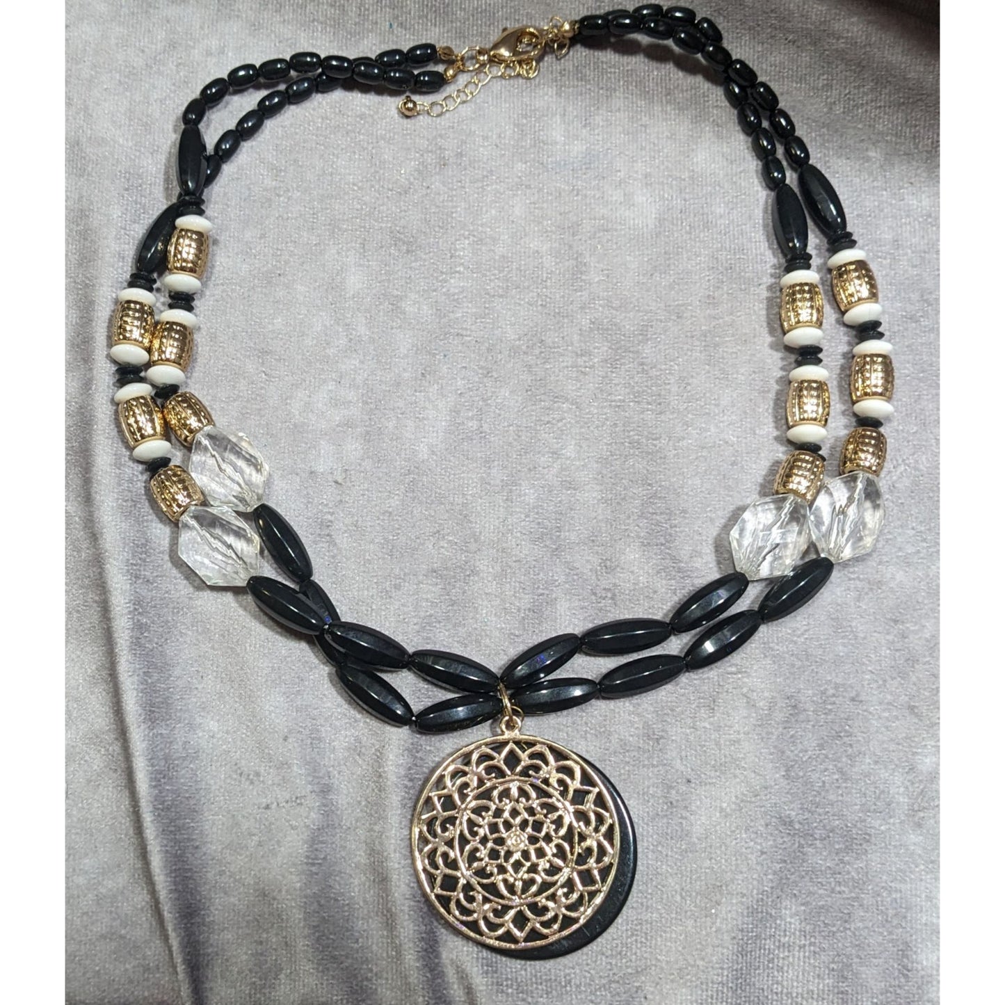 Bohemian Glam Beaded Medallion Necklace Black And Gold Tone With White Accents