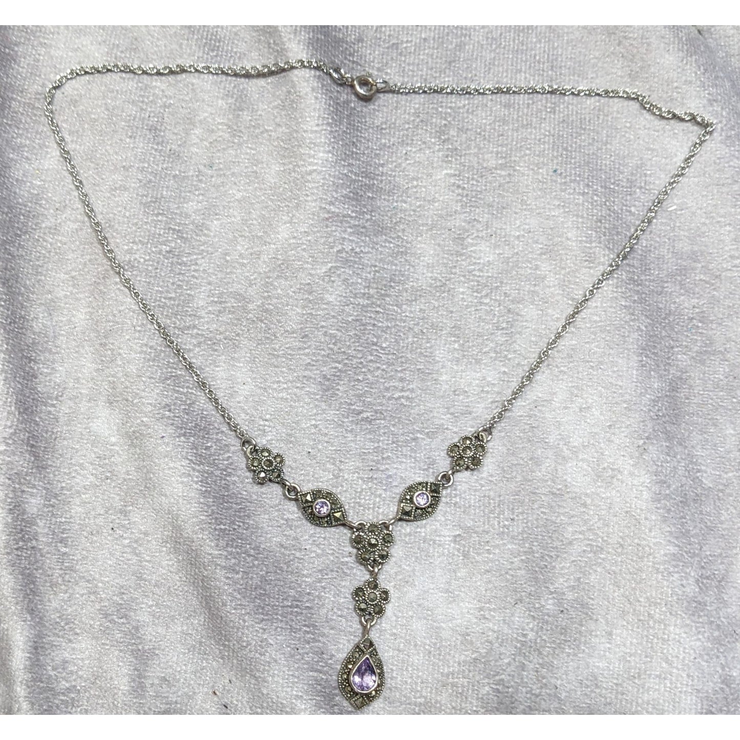 Whimsical Fantasy Marcasite Amethyst And Sterling Silver Y Drop Necklace