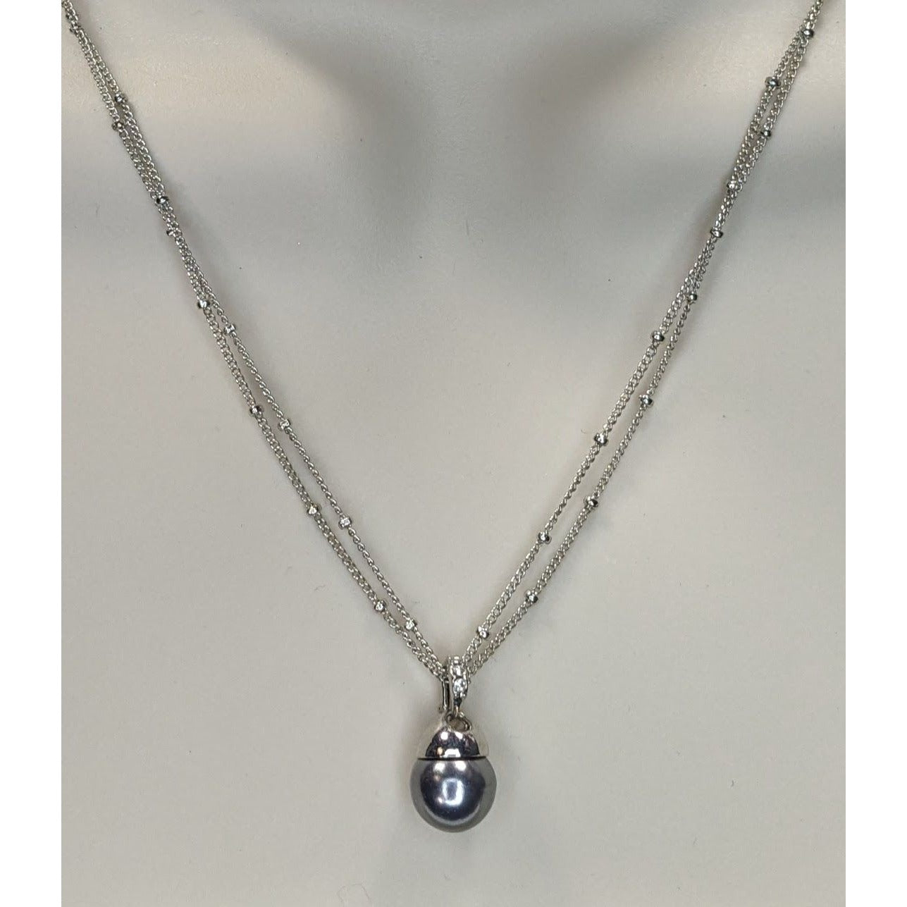 Minimalist Dainty Silver Tone Double-Strand Necklace With Silver Pearl Drop Pendant