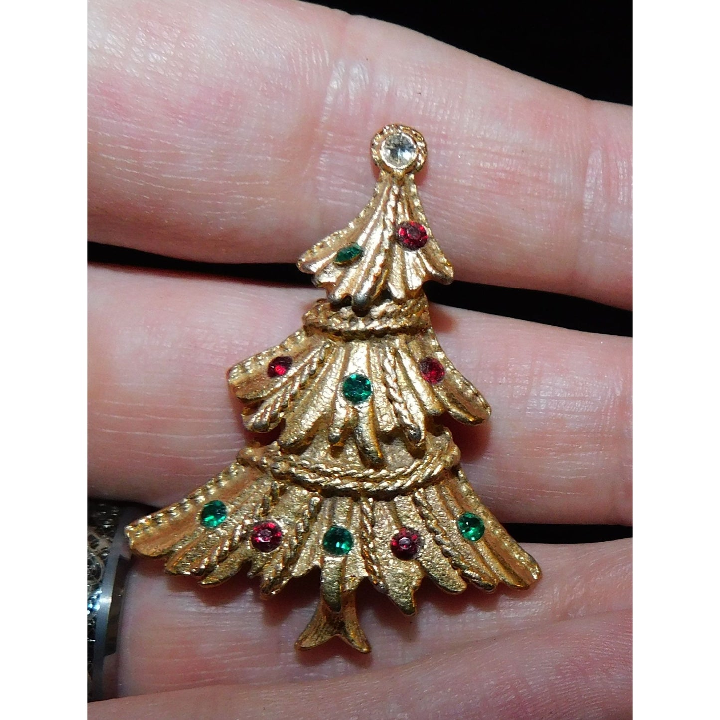 Vintage Gold Christmas Tree Brooch With Rhinestones