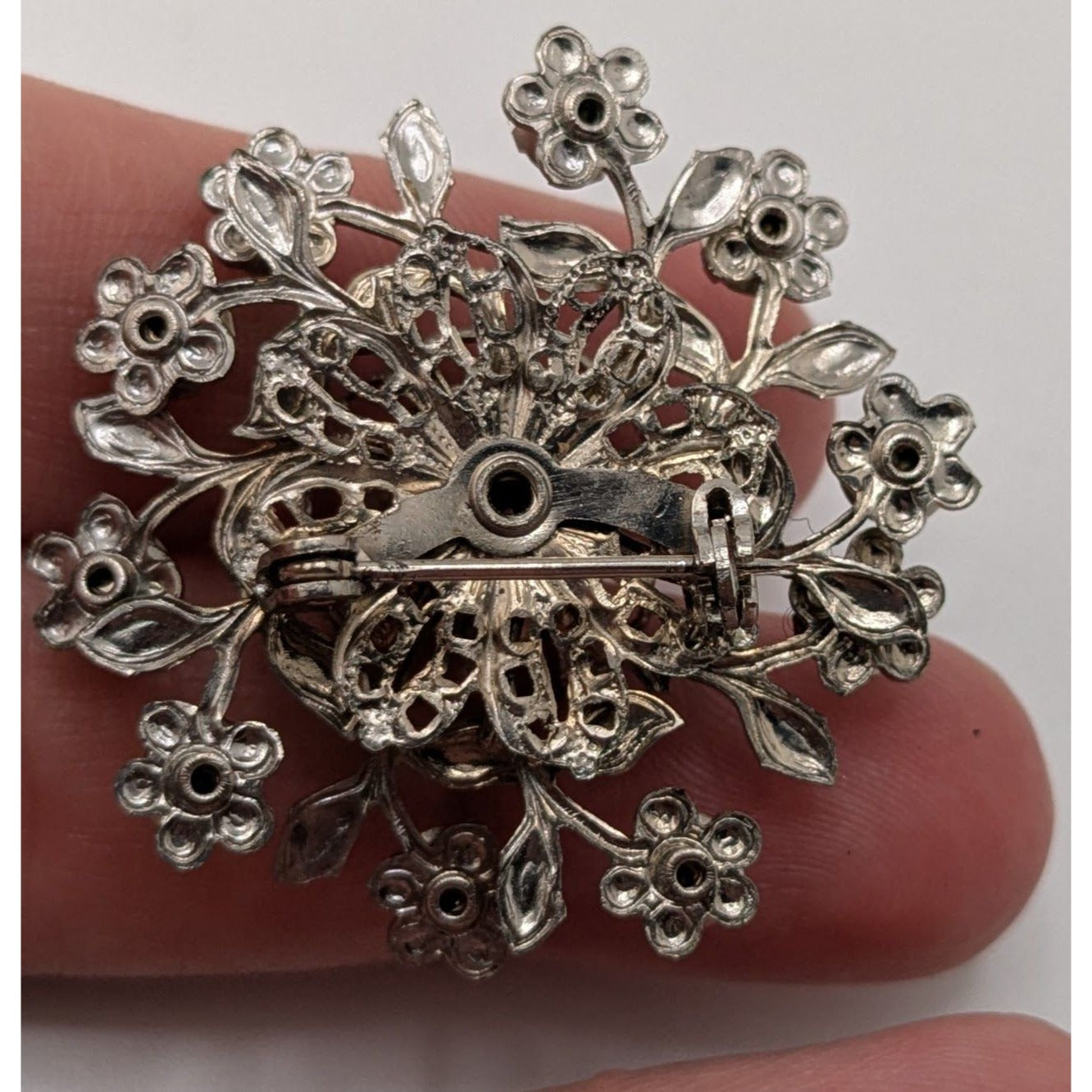 Vintage Floral Rhinestone Brooch Silver Midcentury Glam Pin