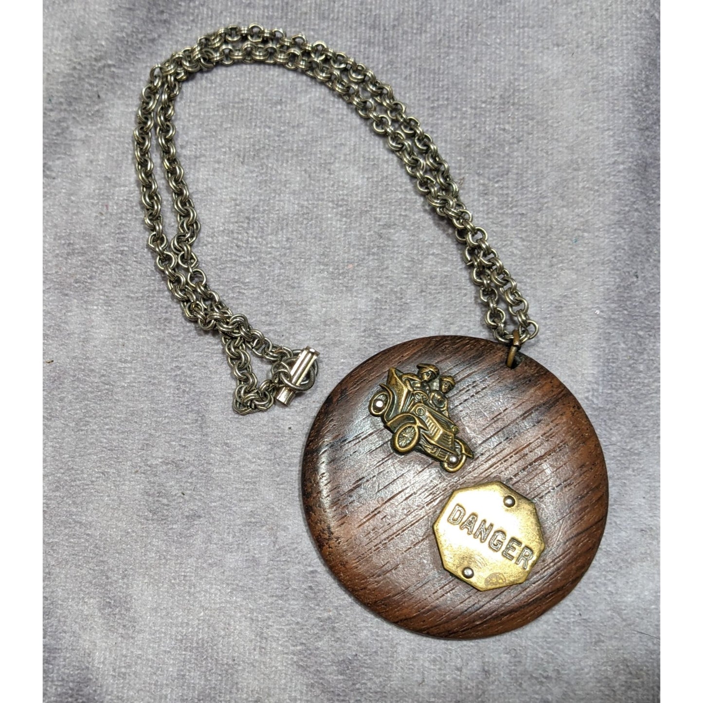 Vintage Novelty Automobile Wood And Metal Pendant Necklace