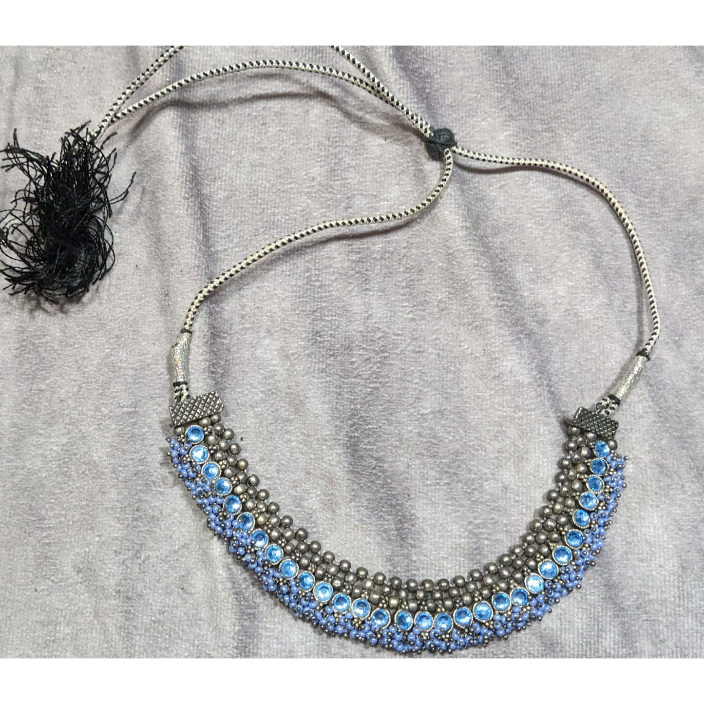 Indian Bridal Blue And Silver Tone Rhinestone And Beaded Adjustable Necklace