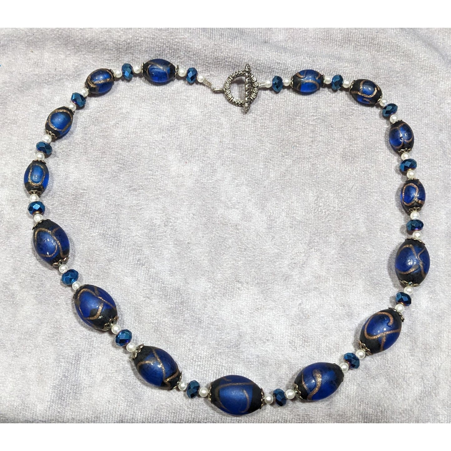 Regal Handmade Blue Glass And Faux Pearl Beaded Necklace