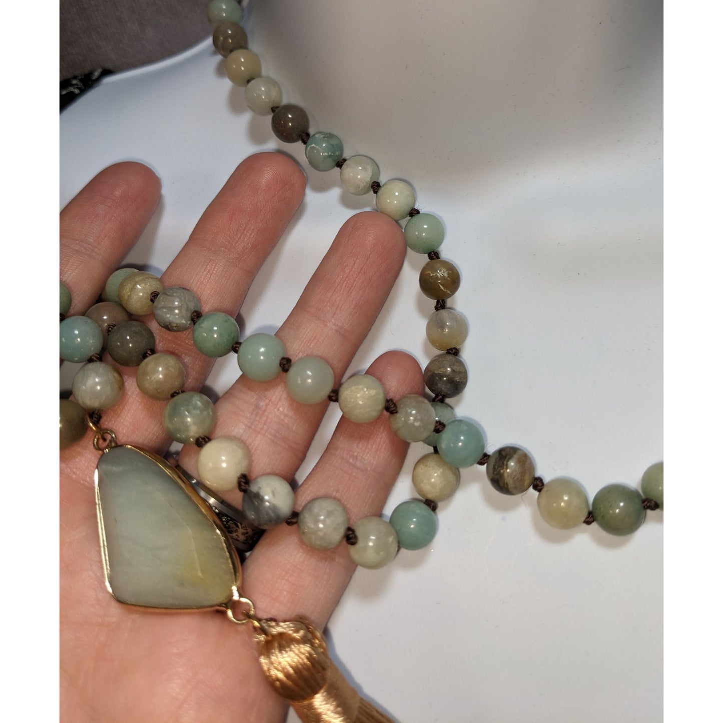 Dylan Bohemian Amazonite Beaded Necklace With Gold Tassel Pendant