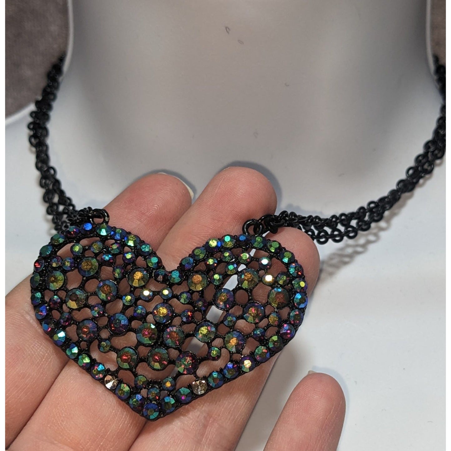 Claire's Black Filigree Heart Necklace AB Rhinestones Goth Emo Y2K Pendant