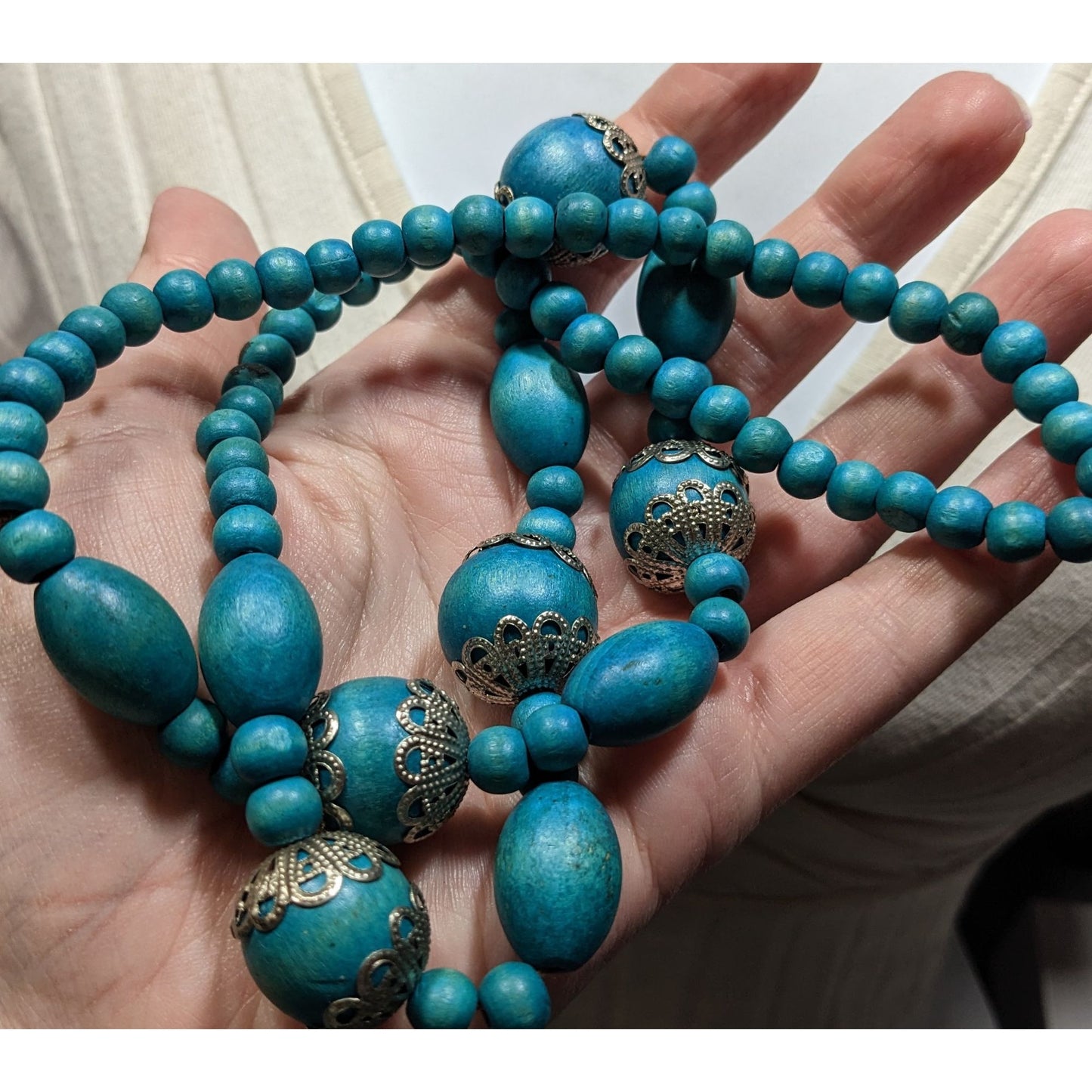 Vintage Bohemian Blue Wooden Beaded Necklace With Ornate Silver Tone Accents