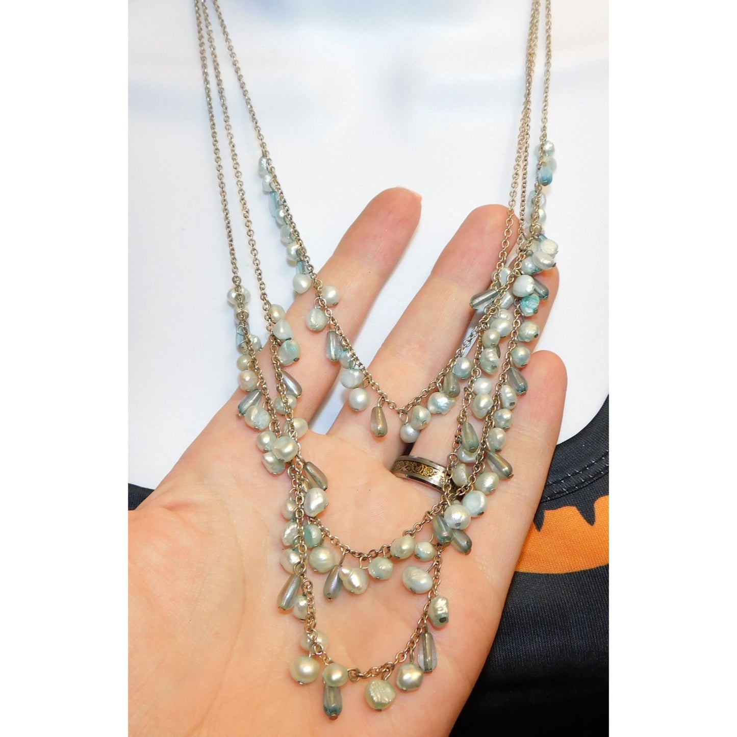 Whimsical Light Blue Pearl Beaded Layered Necklace