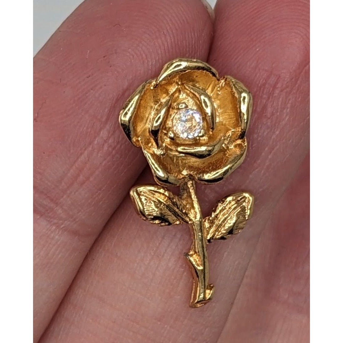 Vintage Elegant Rose Pin Gold-Tone With Rhinestone Center