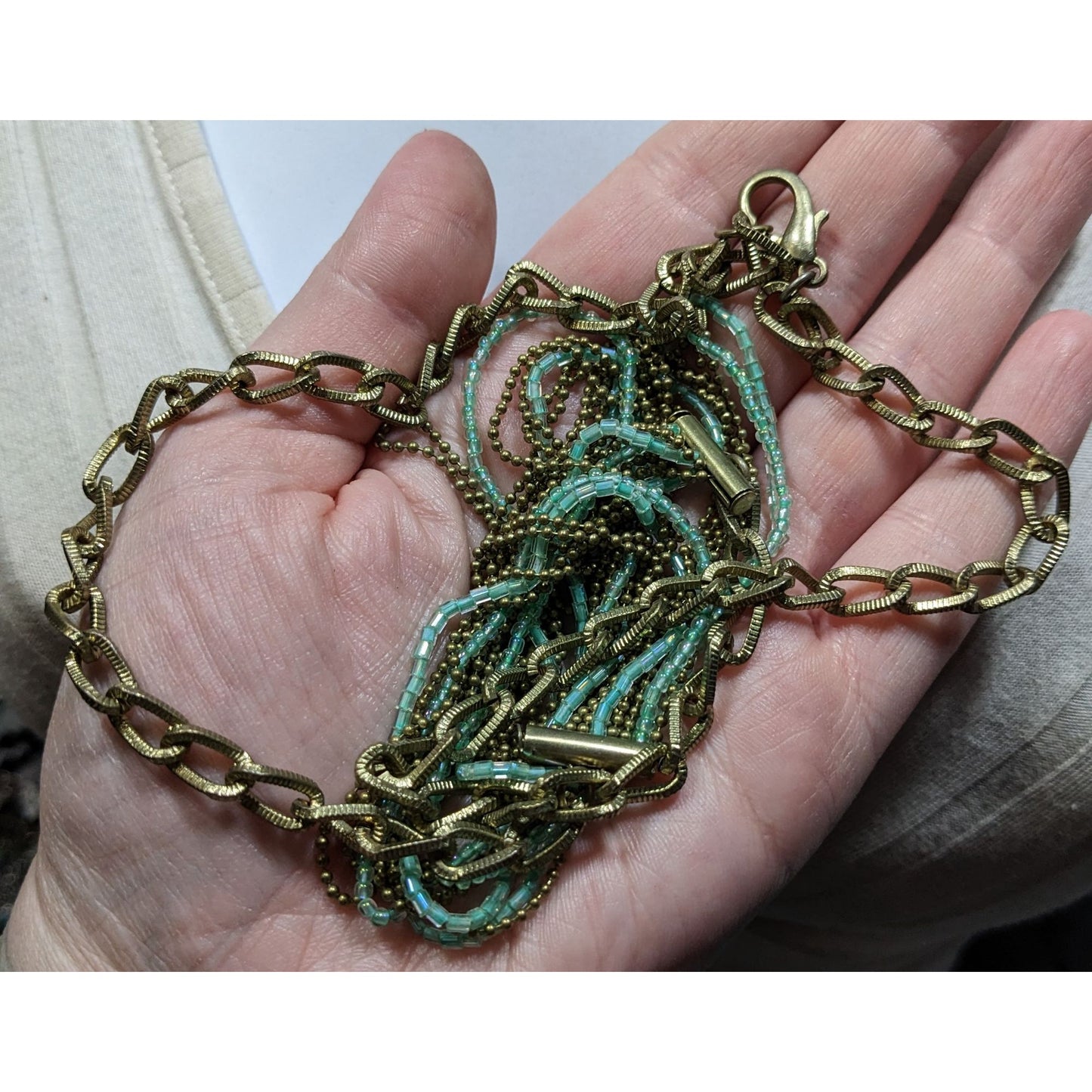 Layered Gold Tone & Aqua Chain Necklace With Multi-Strand Design & Lobster Clasp Closure
