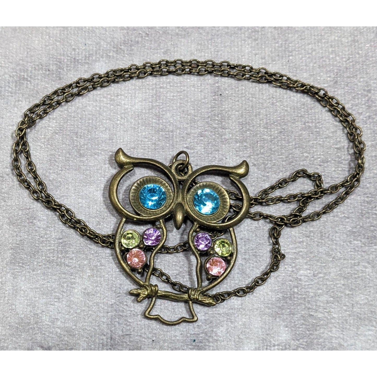 Whimsical Owl Themed Rainbow Gemmed Antiqued Gold Tone Pendant Necklace