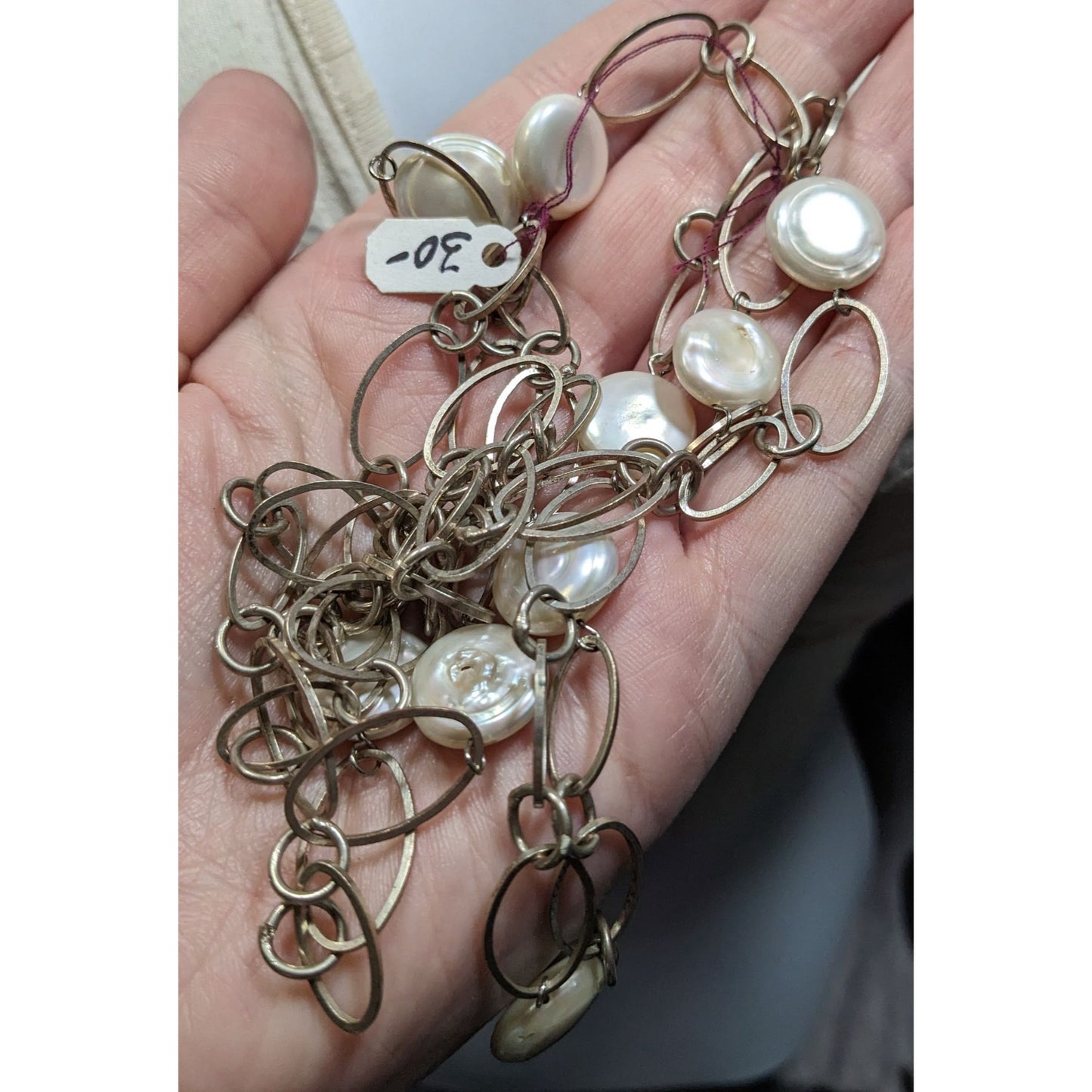 Vintage Handmade Pearl Station Necklace On Oval Link Chain