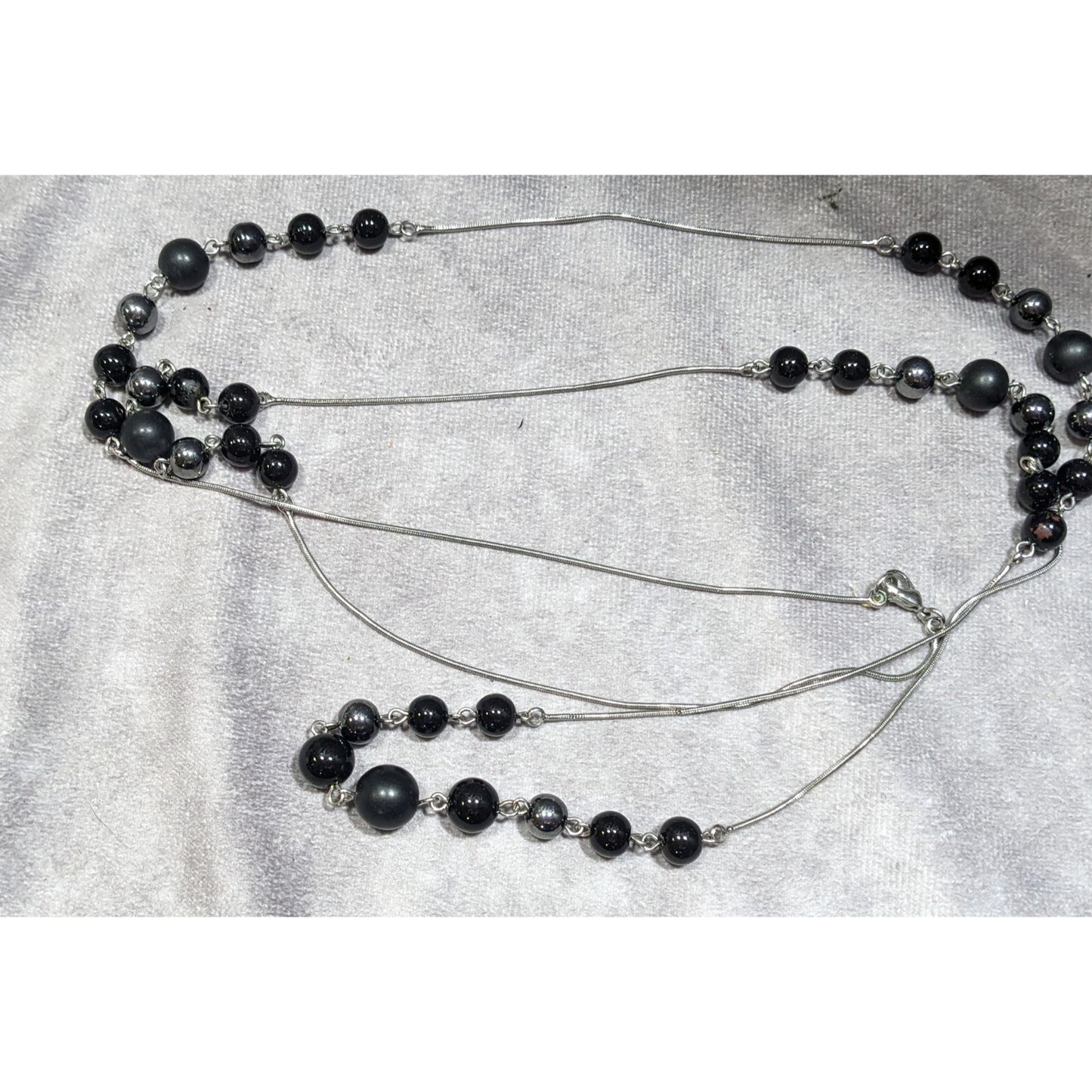 Elegant Opera Station Necklace Black Beads On Silver Tone Snake Chain