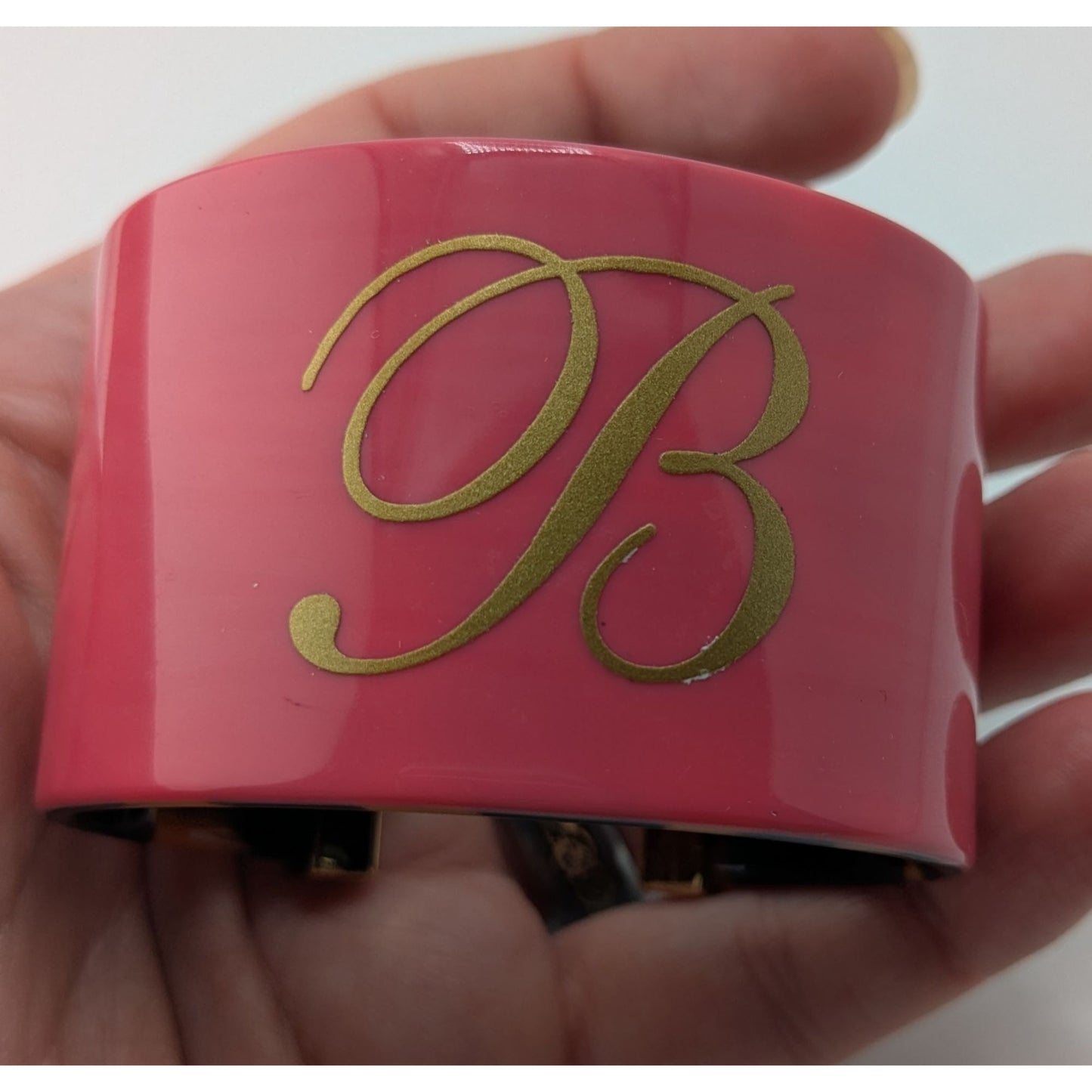 Preppy Monogram B Cuff Bracelet Pink Tortoiseshell Gold Tone Wide Statement